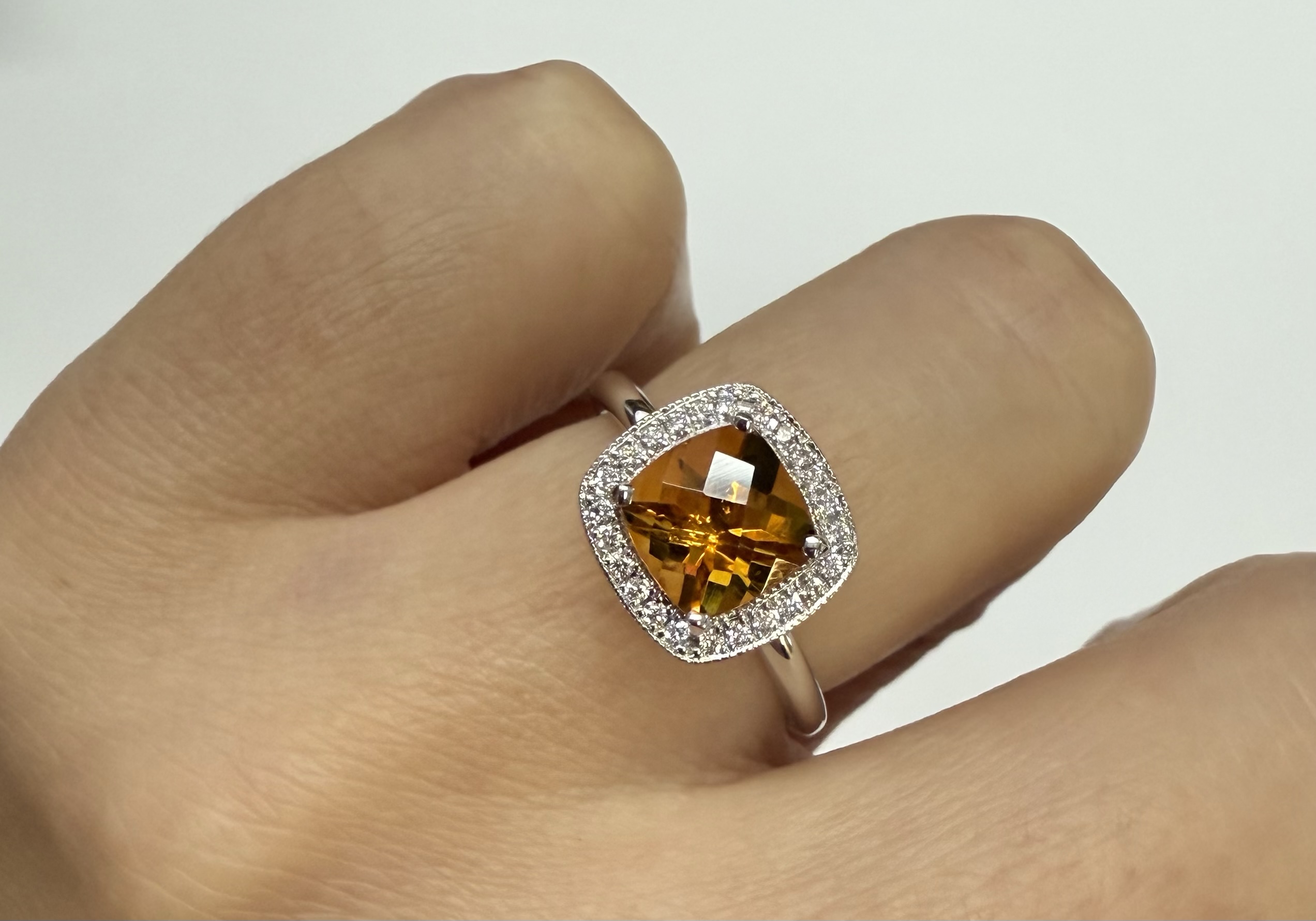 14k White Gold Genuine 1.40 Cttw Cushion Shaped Citrine & Diamond Halo Ring - Image 23