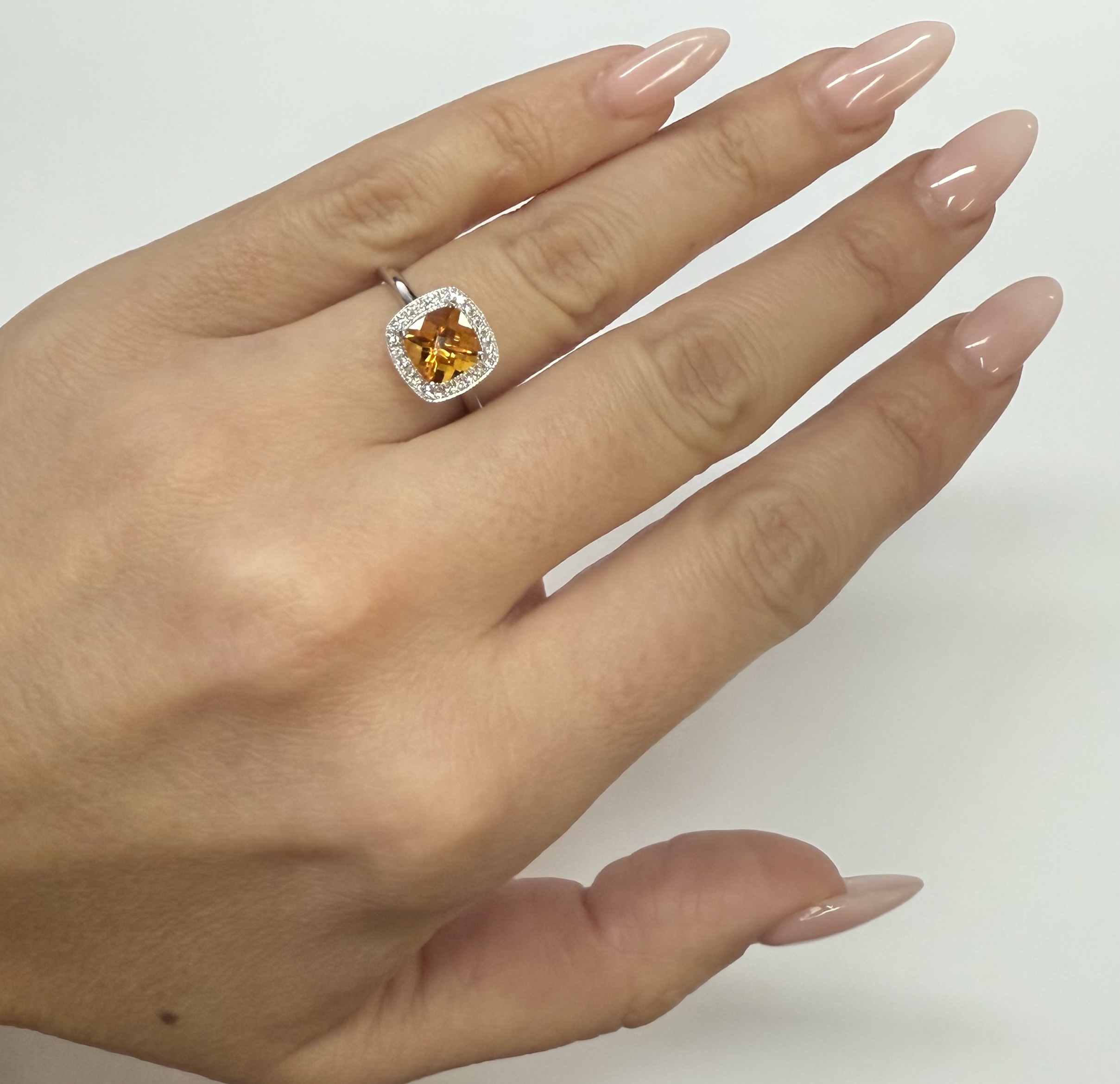 14k White Gold Genuine 1.40 Cttw Cushion Shaped Citrine & Diamond Halo Ring - Image 26