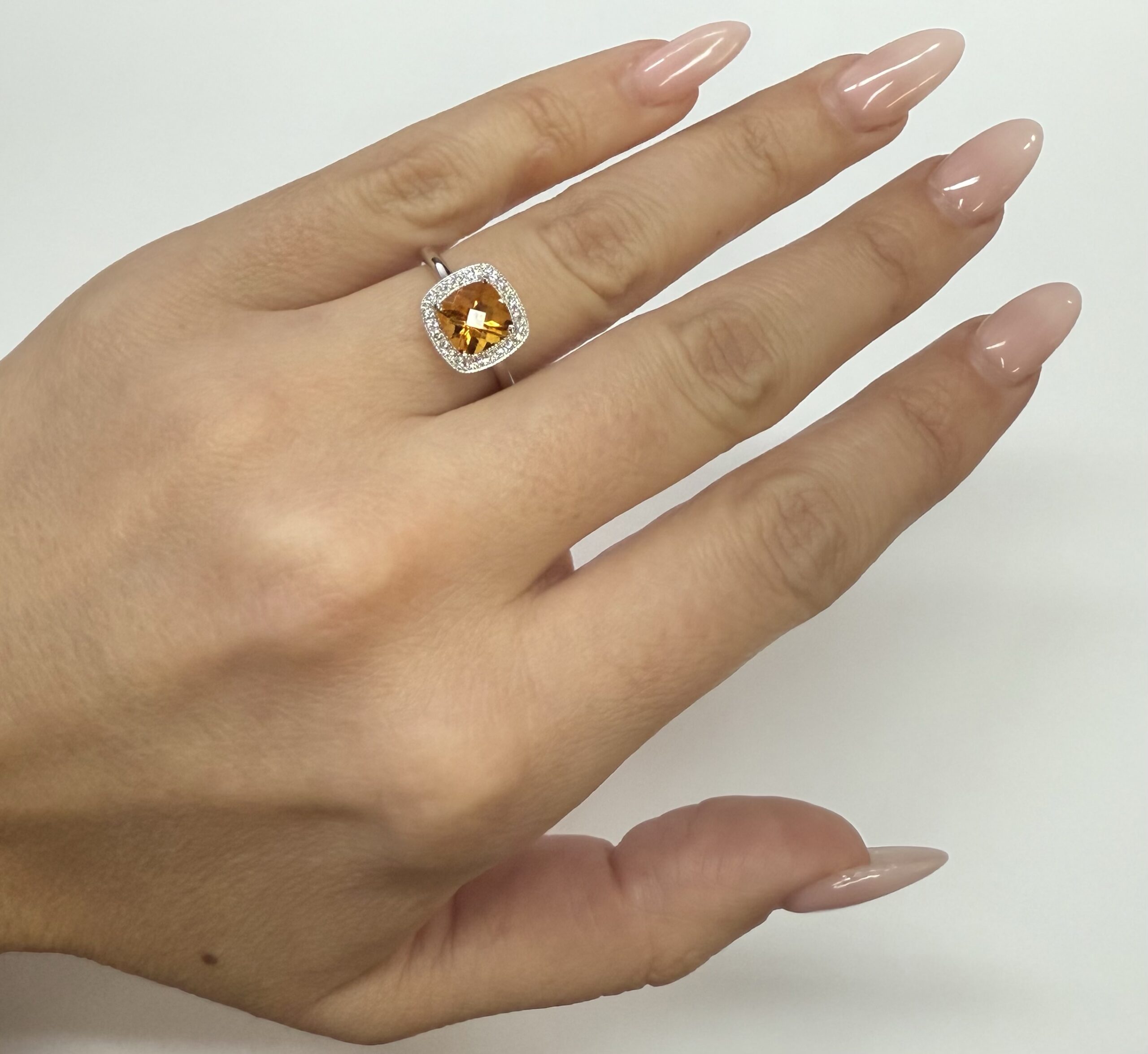 14k White Gold Genuine 1.40 Cttw Cushion Shaped Citrine & Diamond Halo Ring - Image 27
