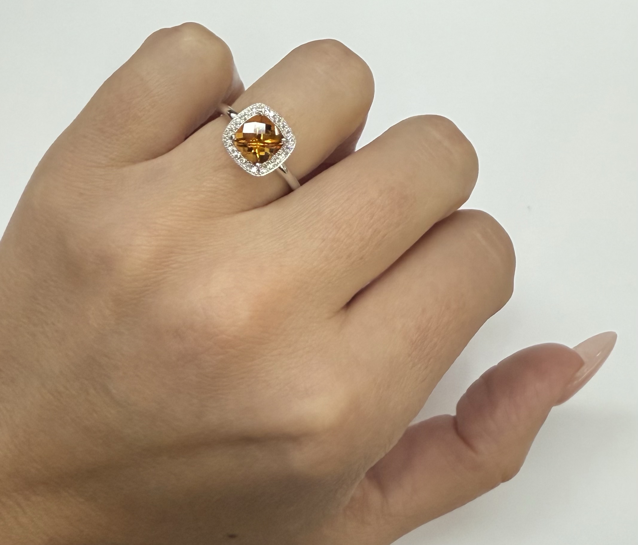 14k White Gold Genuine 1.40 Cttw Cushion Shaped Citrine & Diamond Halo Ring - Image 28