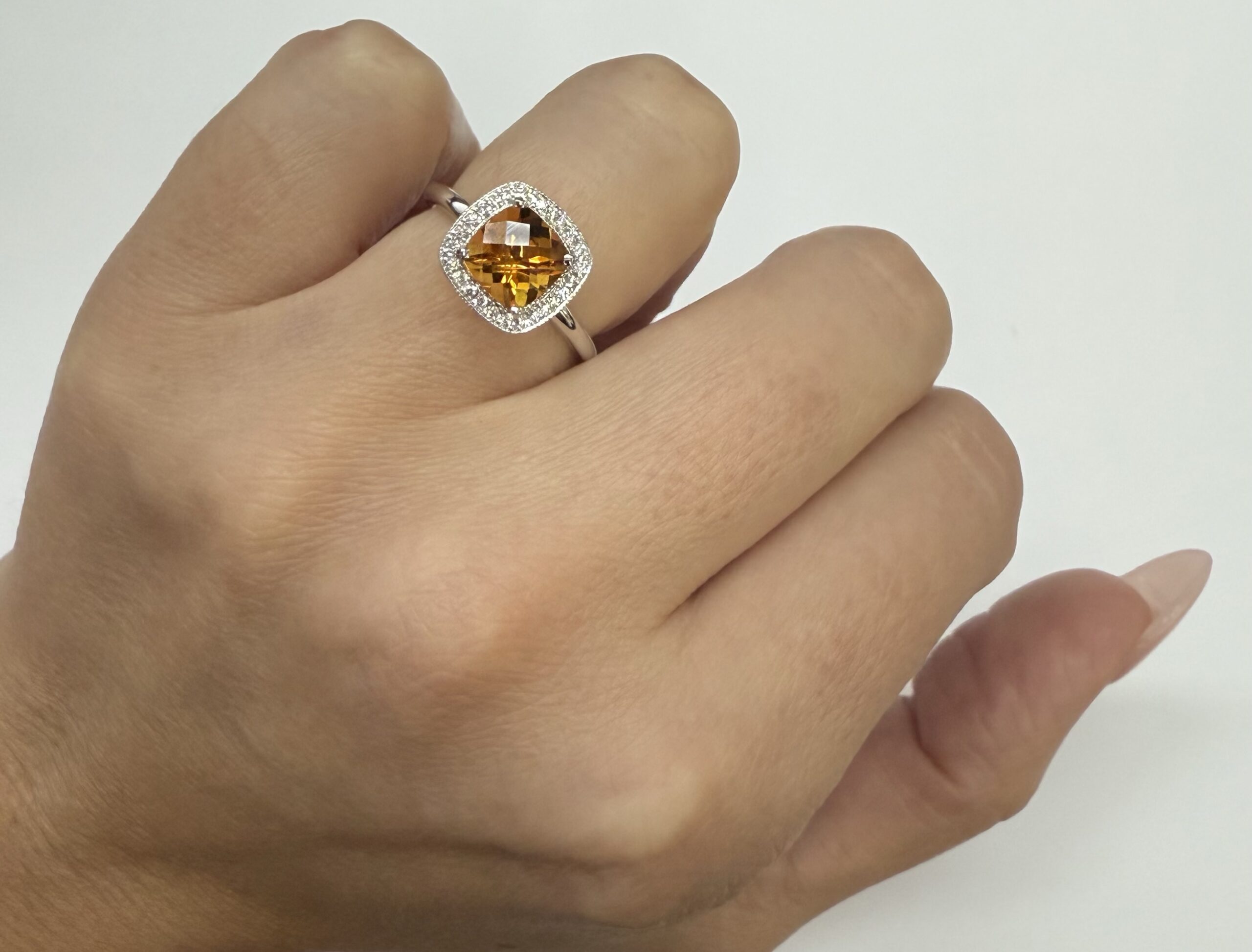 14k White Gold Genuine 1.40 Cttw Cushion Shaped Citrine & Diamond Halo Ring - Image 29