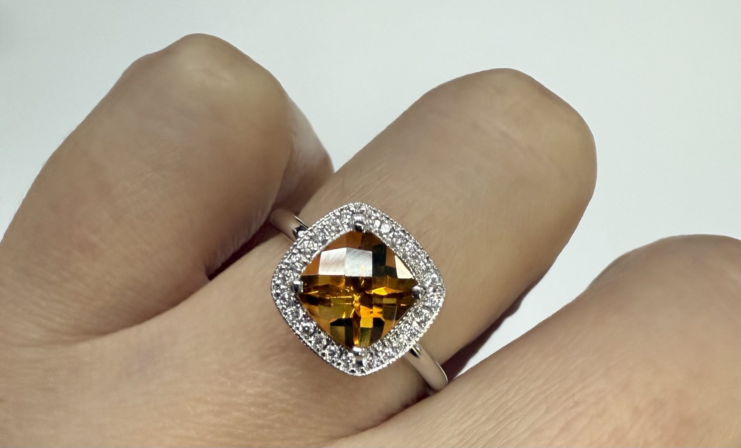 14k White Gold Genuine 1.40 Cttw Cushion Shaped Citrine & Diamond Halo Ring - Image 30