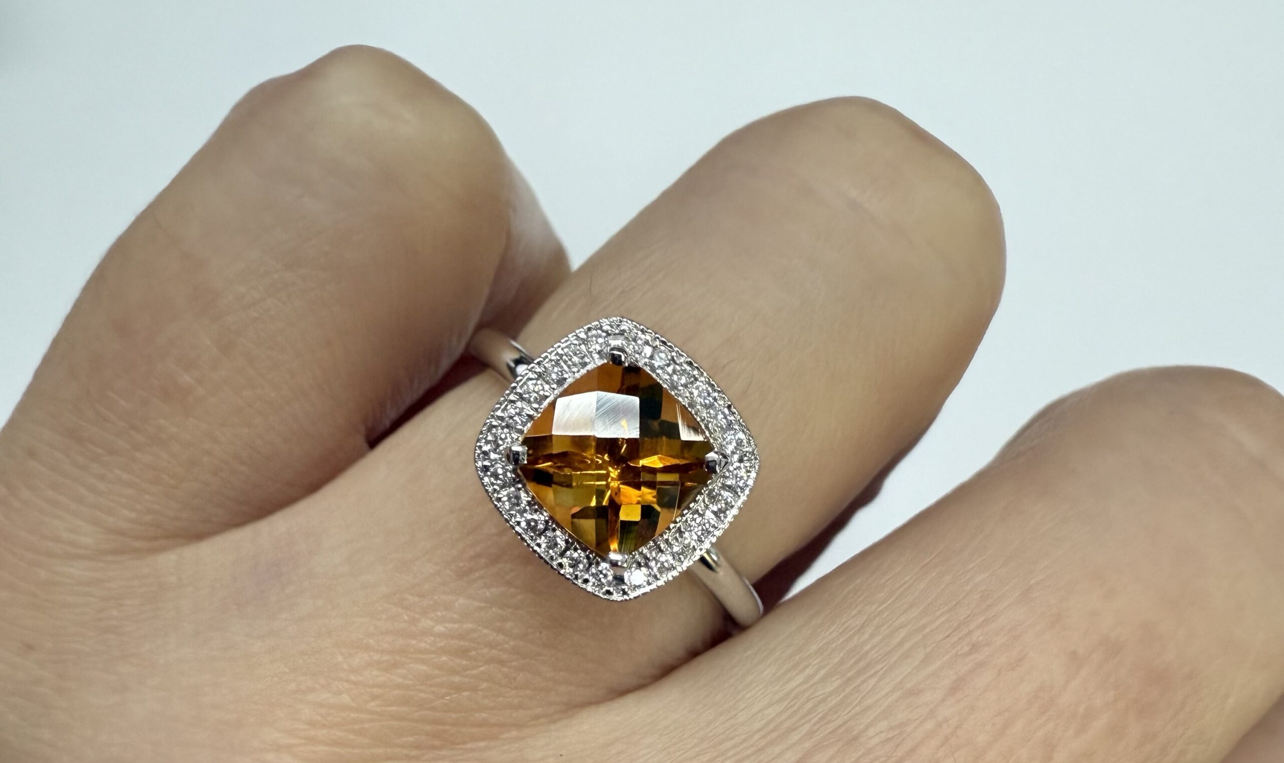 14k White Gold Genuine 1.40 Cttw Cushion Shaped Citrine & Diamond Halo Ring - Image 31