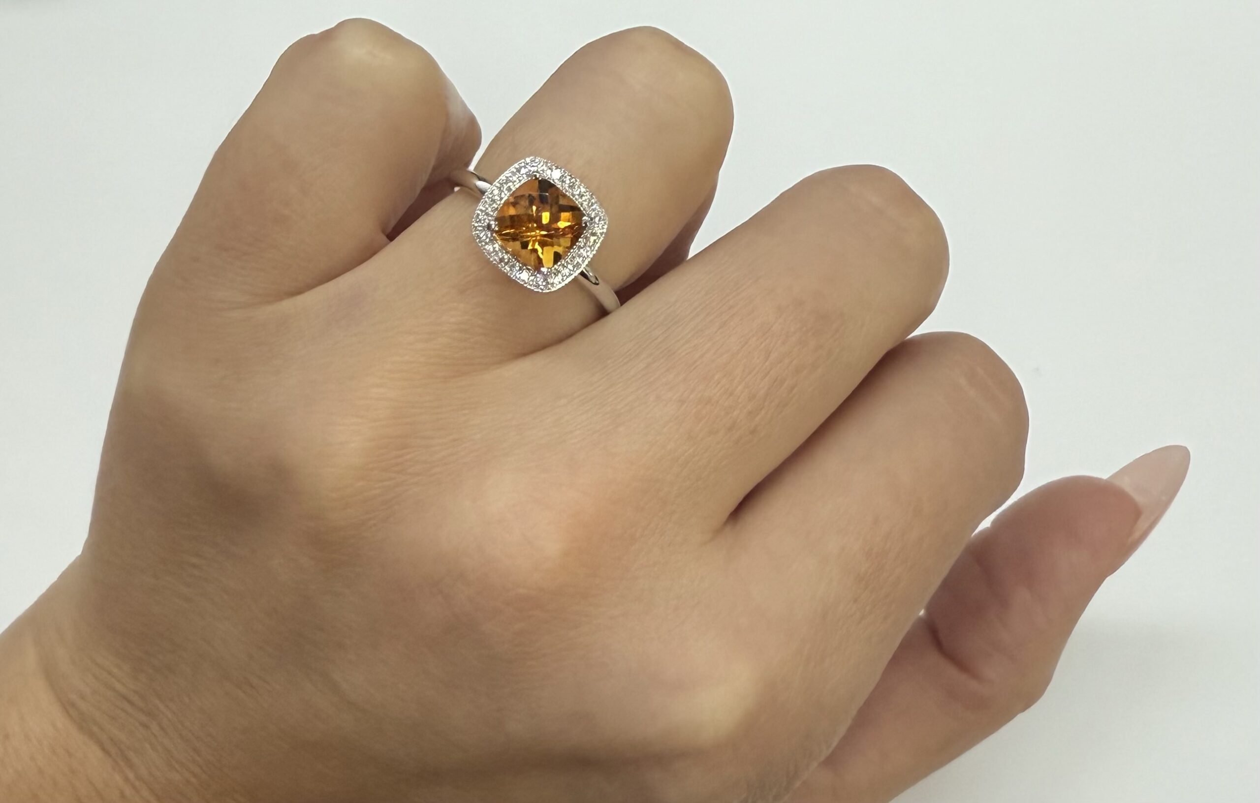 14k White Gold Genuine 1.40 Cttw Cushion Shaped Citrine & Diamond Halo Ring - Image 32
