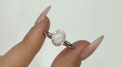 14k White Gold Genuine .47 Cttw Opal & .12 Cttw Genuine Round Brilliant Cut Diamond Halo Ring