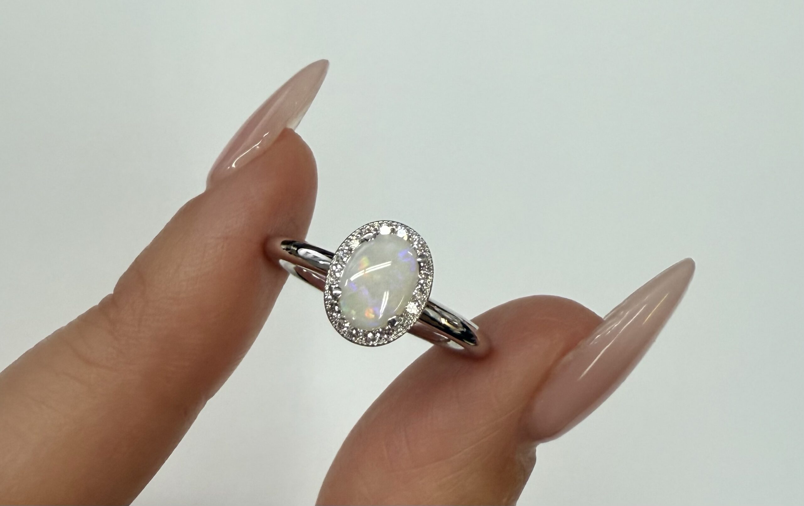 14k White Gold Genuine .47 Cttw Opal & .12 Cttw Genuine Round Brilliant Cut Diamond Halo Ring - Image 3