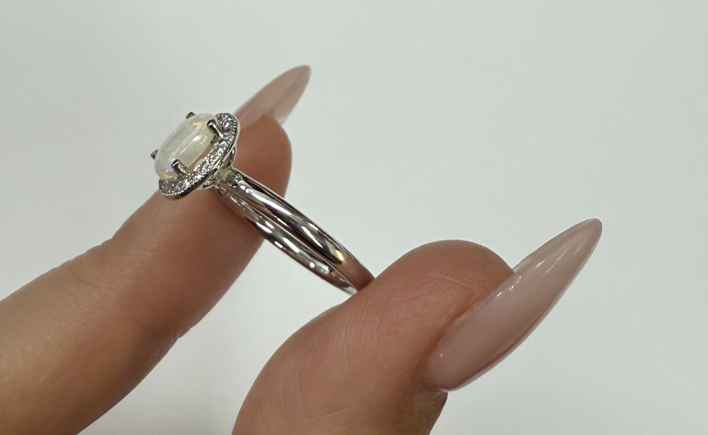 14k White Gold Genuine .47 Cttw Opal & .12 Cttw Genuine Round Brilliant Cut Diamond Halo Ring - Image 7