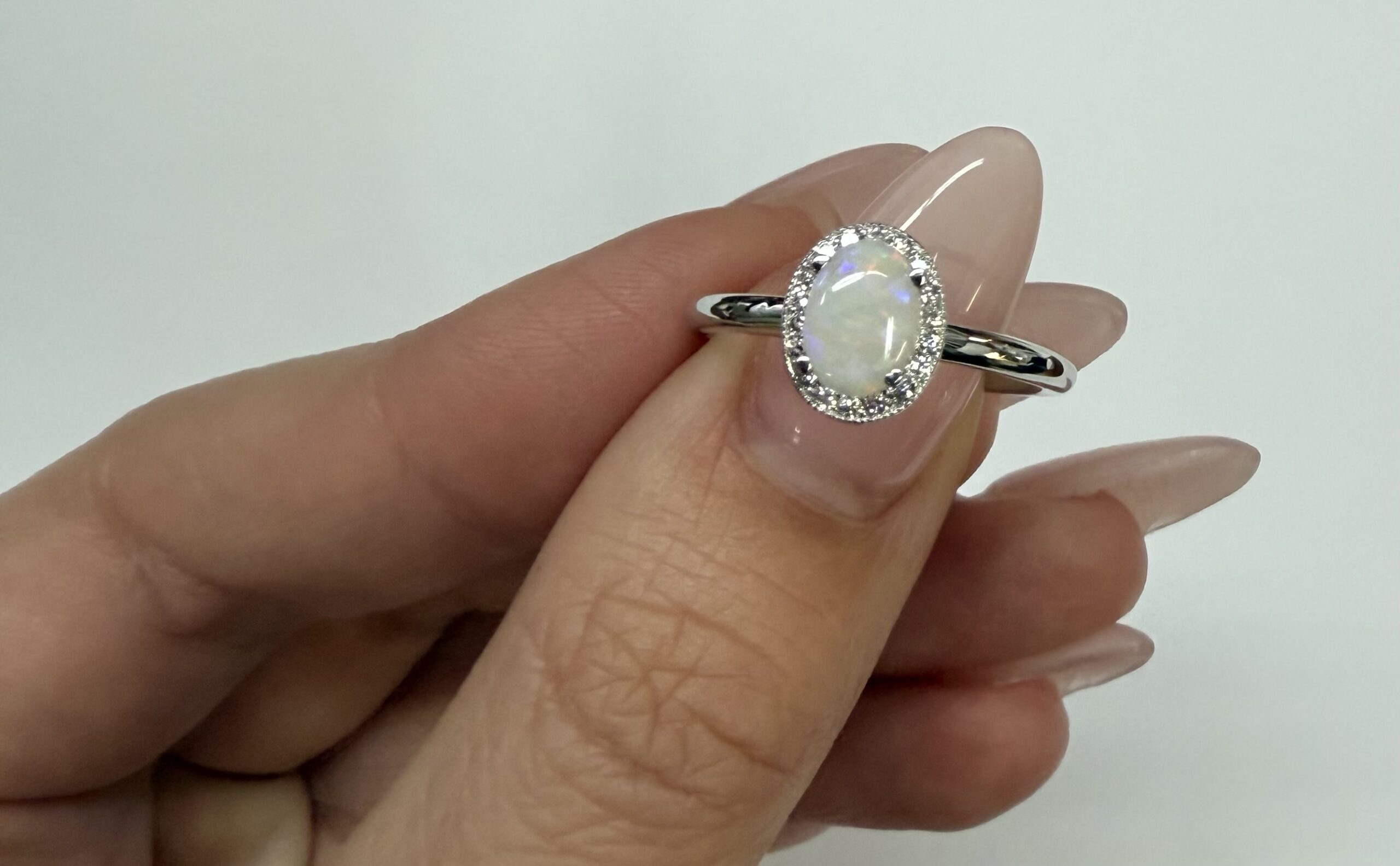 14k White Gold Genuine .47 Cttw Opal & .12 Cttw Genuine Round Brilliant Cut Diamond Halo Ring - Image 8