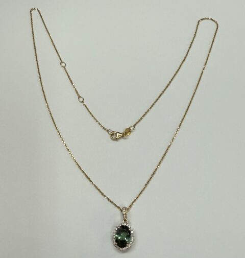 14k Yellow Gold Genuine 1.88 Cttw Green Tourmaline & Diamond Halo Pendant