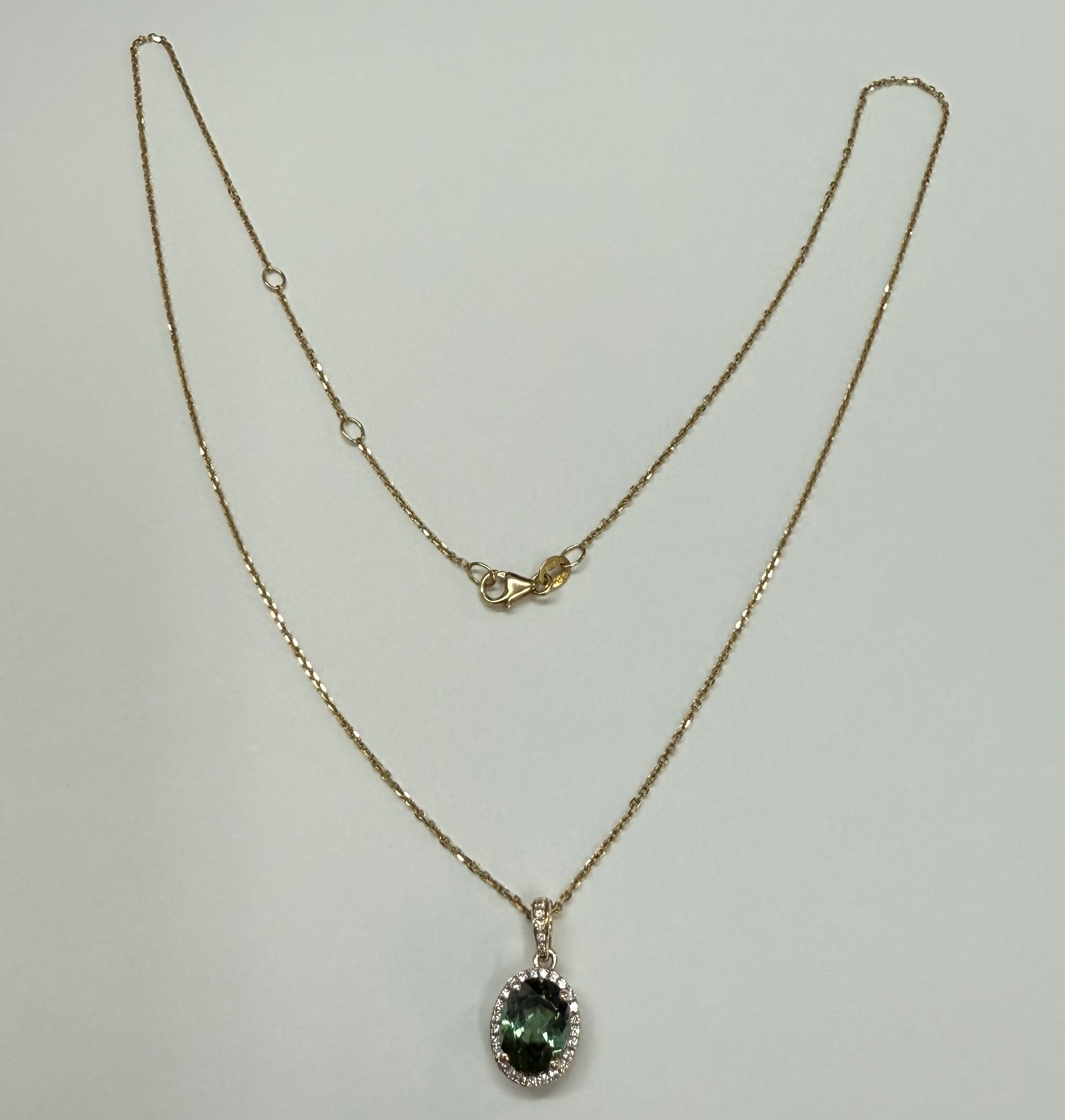 14k Yellow Gold Genuine 1.88 Cttw Green Tourmaline & Diamond Halo Pendant