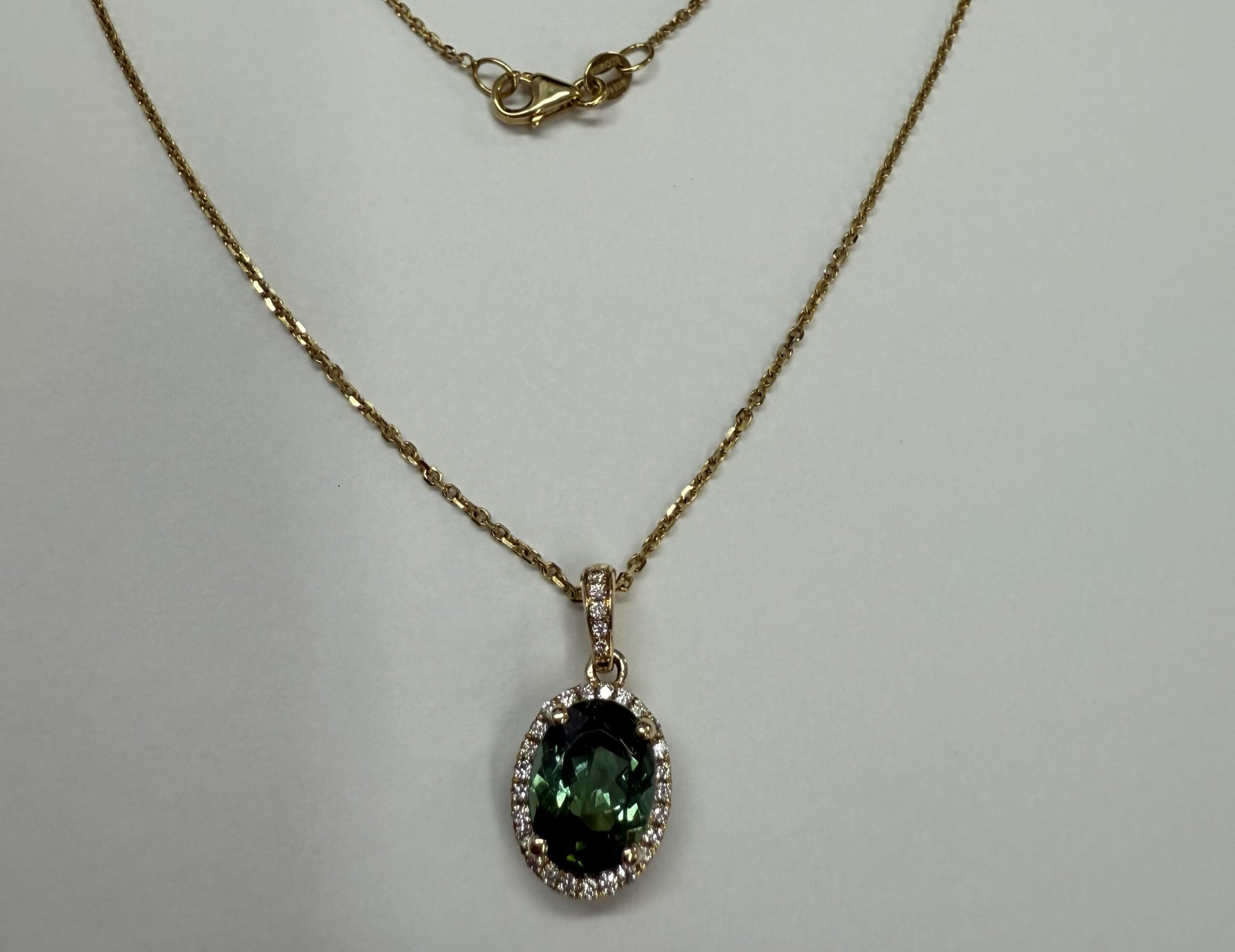 14k Yellow Gold Genuine 1.88 Cttw Green Tourmaline & Diamond Halo Pendant - Image 3