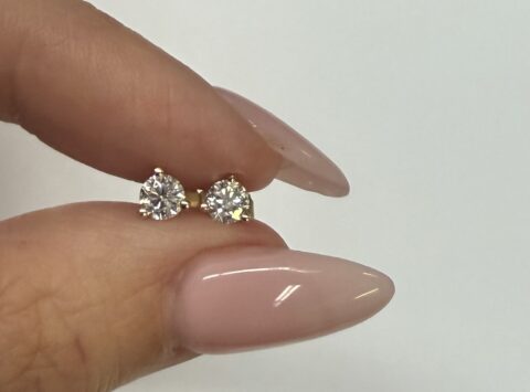 14k Yellow Gold Genuine .53 Cttw Round Brilliant Cut Diamond 3 Prong Stud Earrings