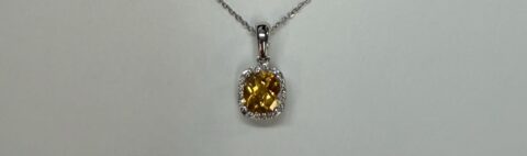 14k White Gold Genuine .92 Cttw Citrine & Diamond Halo Pendant