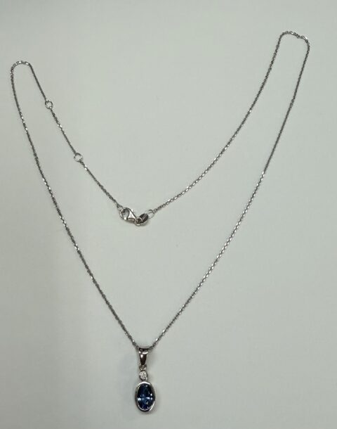 14k White Gold Genuine .93 Cttw Ceylon Sapphire & Diamond Bezel Pendant