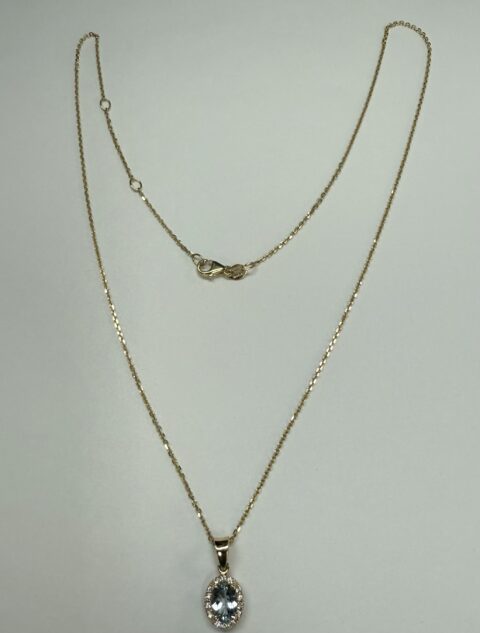 14k Yellow Gold Genuine .58 Cttw Aqumarine & Diamond Halo Pendant