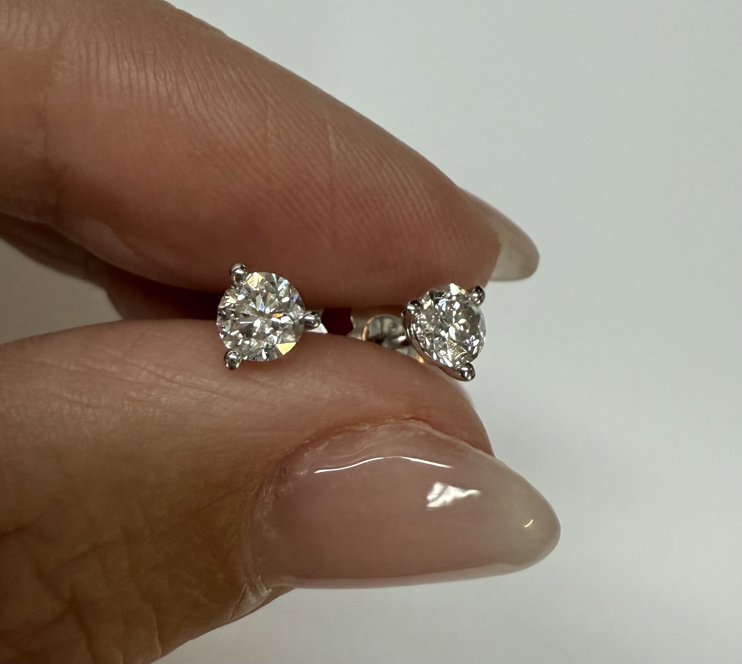 14k White Gold 3 Prong Genuine .60 Cttw Round Brilliant Cut Diamond Stud Earrings - Image 2