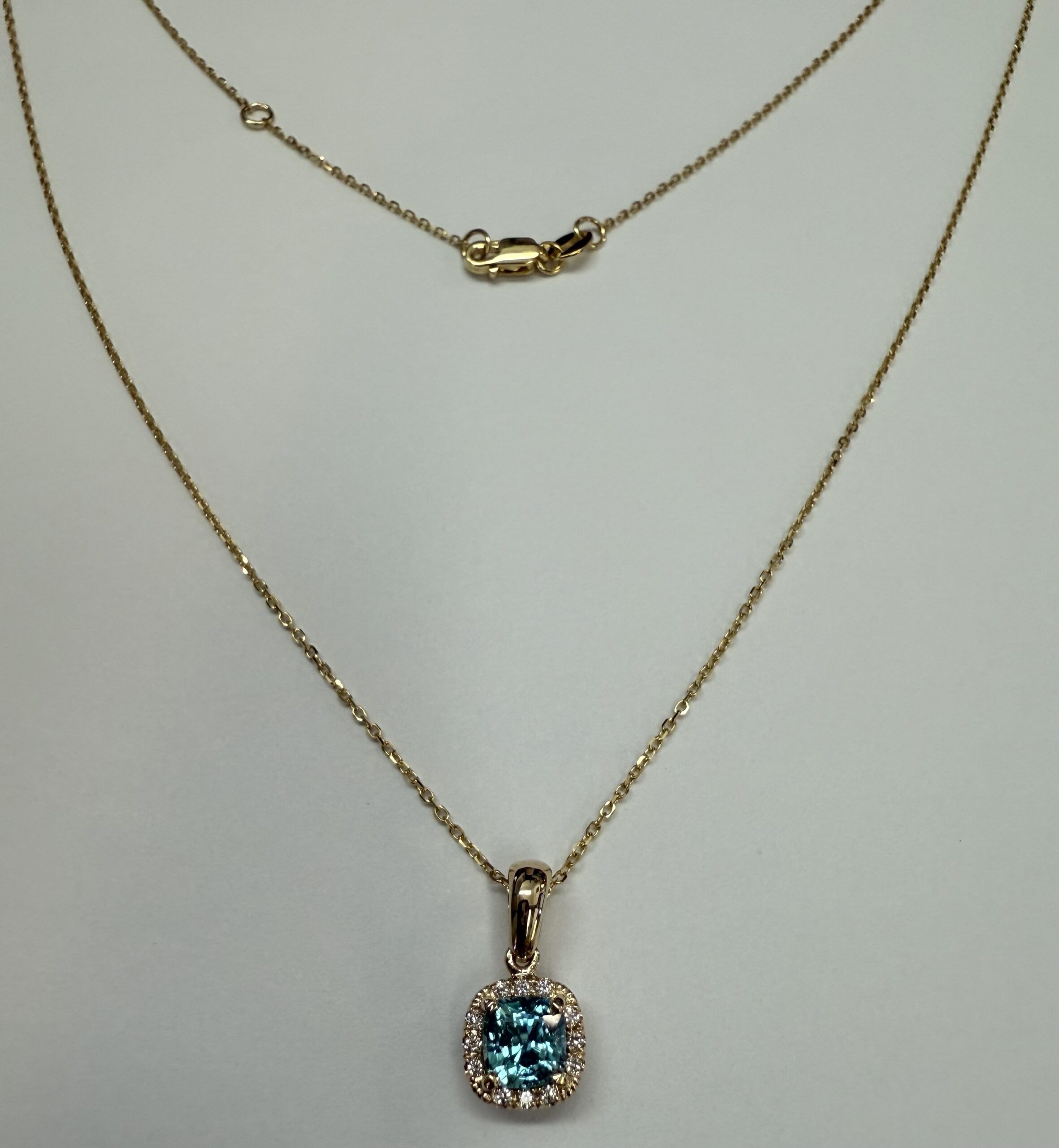 14k Yellow Gold Genuine .96 Cttw Blue Zircon & Genuine .07 Cttw Round Brilliant Cut Diamond Halo Pendant - Image 5