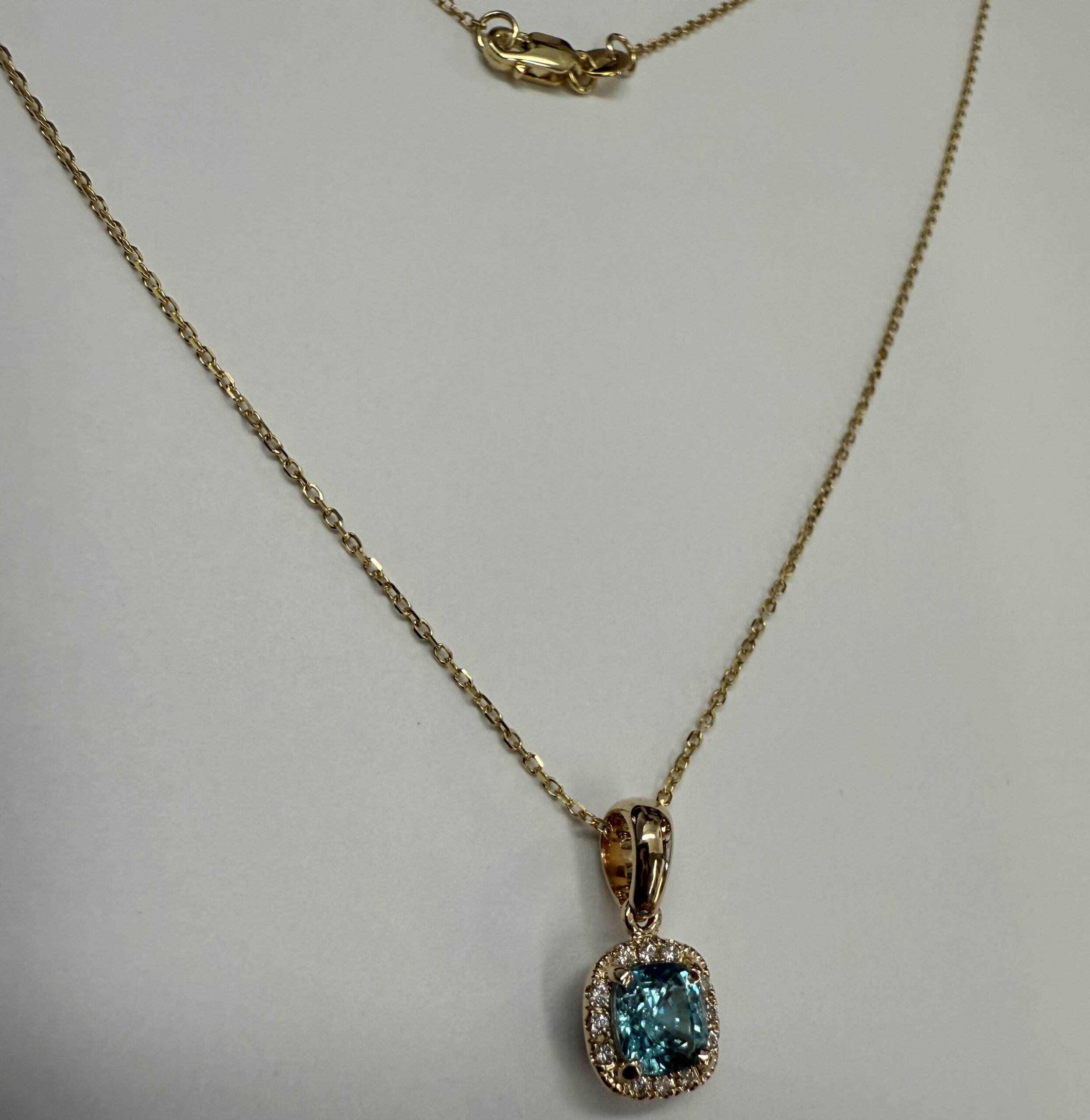 14k Yellow Gold Genuine .96 Cttw Blue Zircon & Genuine .07 Cttw Round Brilliant Cut Diamond Halo Pendant - Image 7
