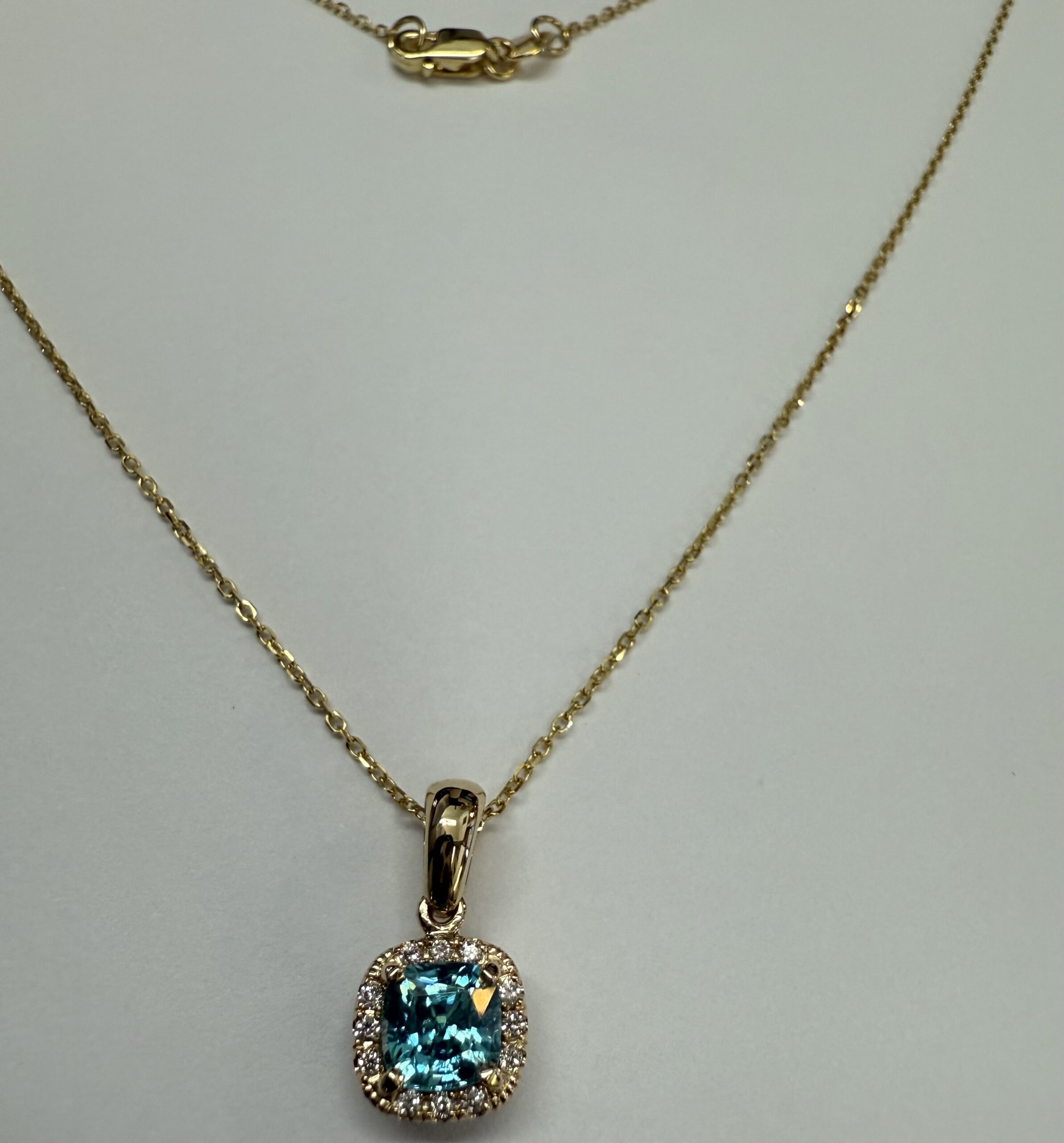 14k Yellow Gold Genuine .96 Cttw Blue Zircon & Genuine .07 Cttw Round Brilliant Cut Diamond Halo Pendant - Image 9