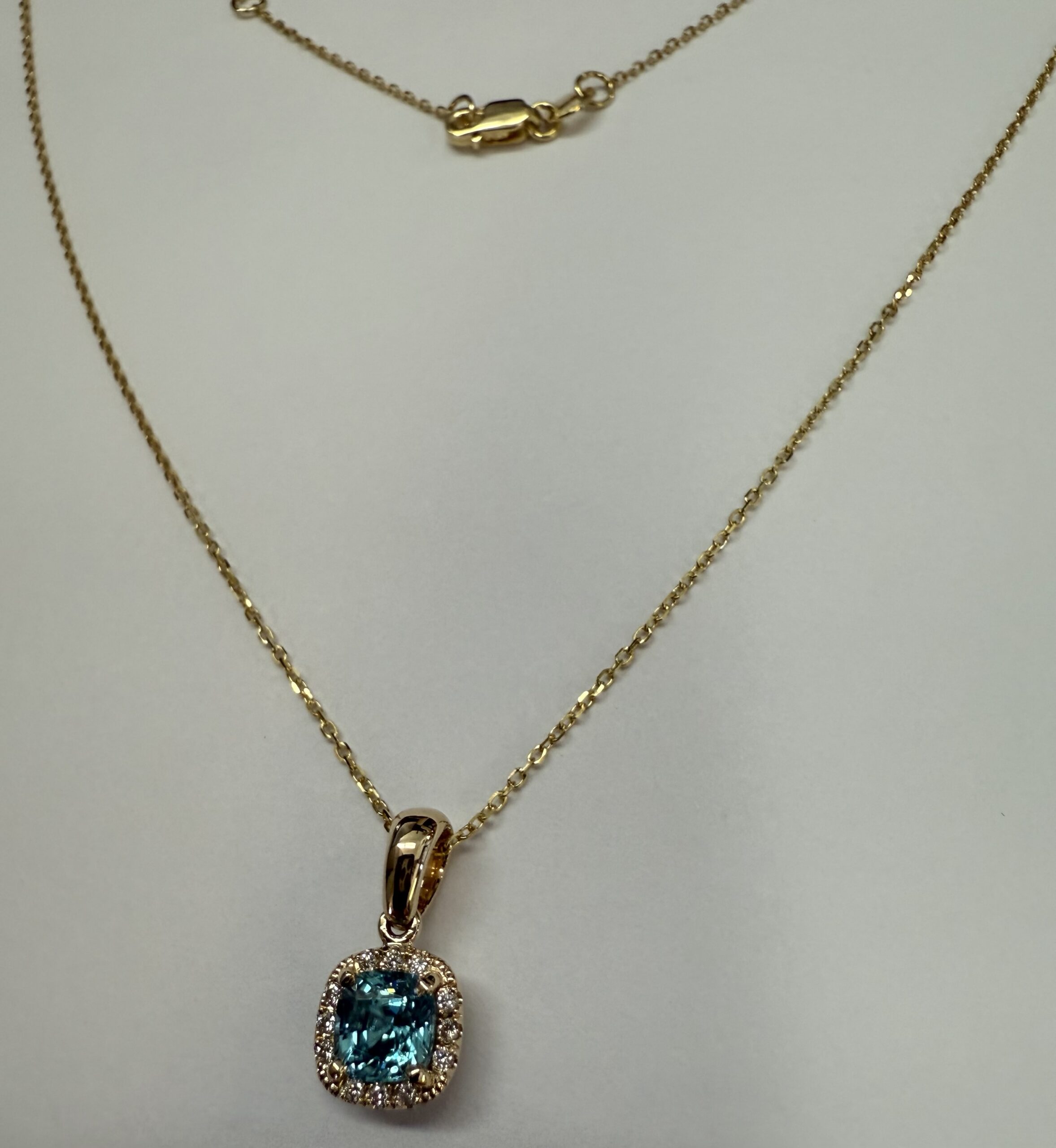 14k Yellow Gold Genuine .96 Cttw Blue Zircon & Genuine .07 Cttw Round Brilliant Cut Diamond Halo Pendant - Image 10