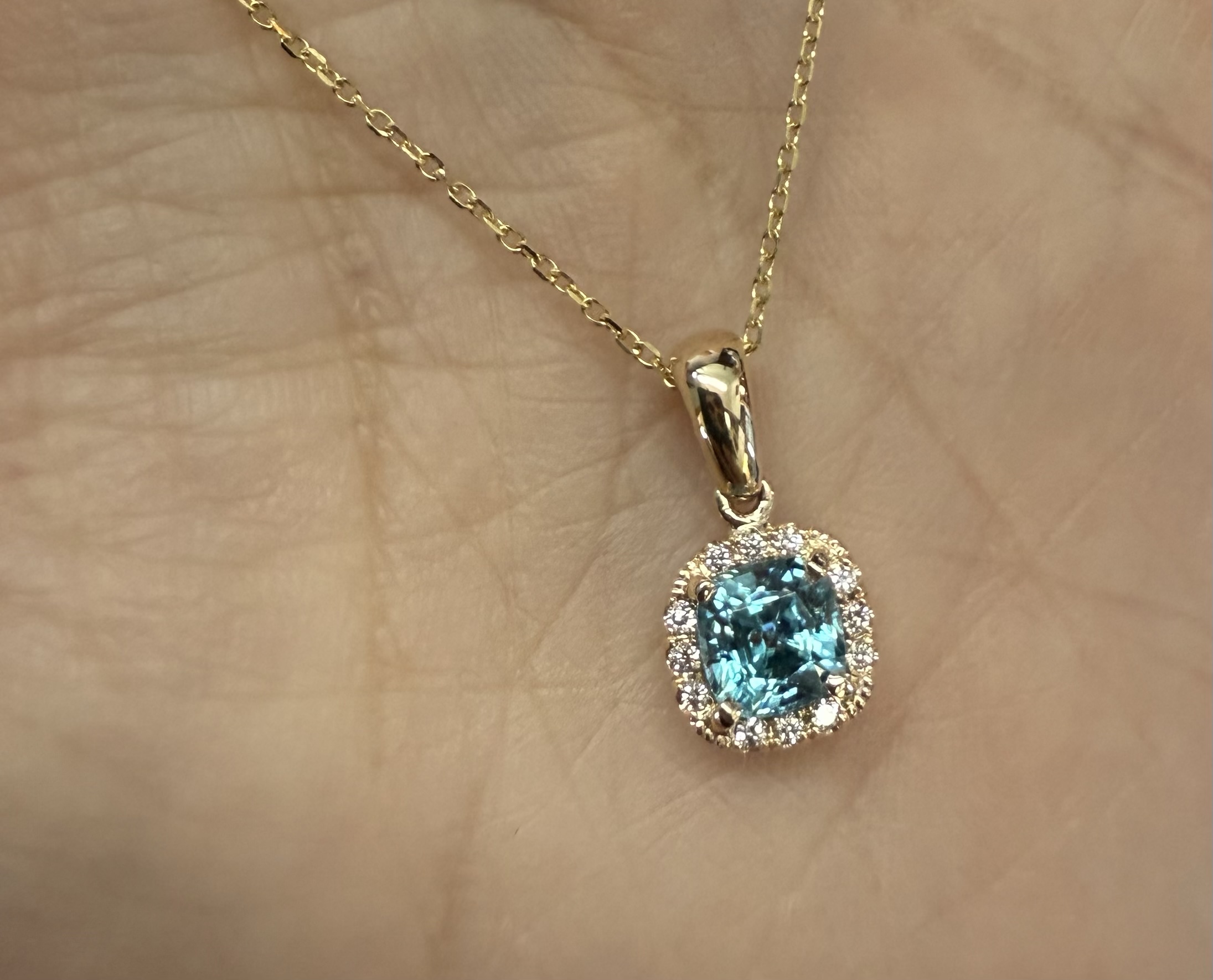 14k Yellow Gold Genuine .96 Cttw Blue Zircon & Genuine .07 Cttw Round Brilliant Cut Diamond Halo Pendant - Image 18