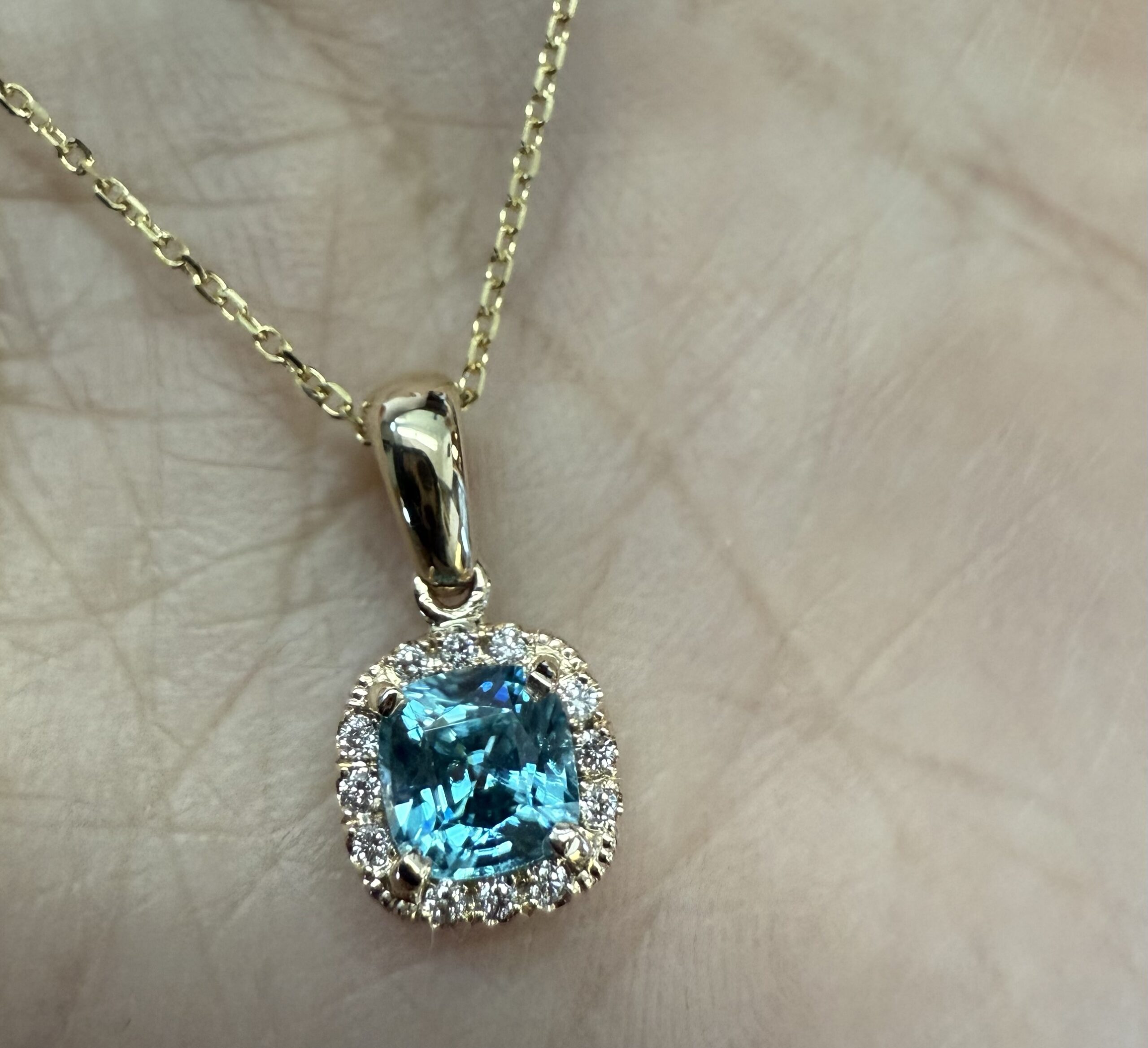 14k Yellow Gold Genuine .96 Cttw Blue Zircon & Genuine .07 Cttw Round Brilliant Cut Diamond Halo Pendant - Image 19