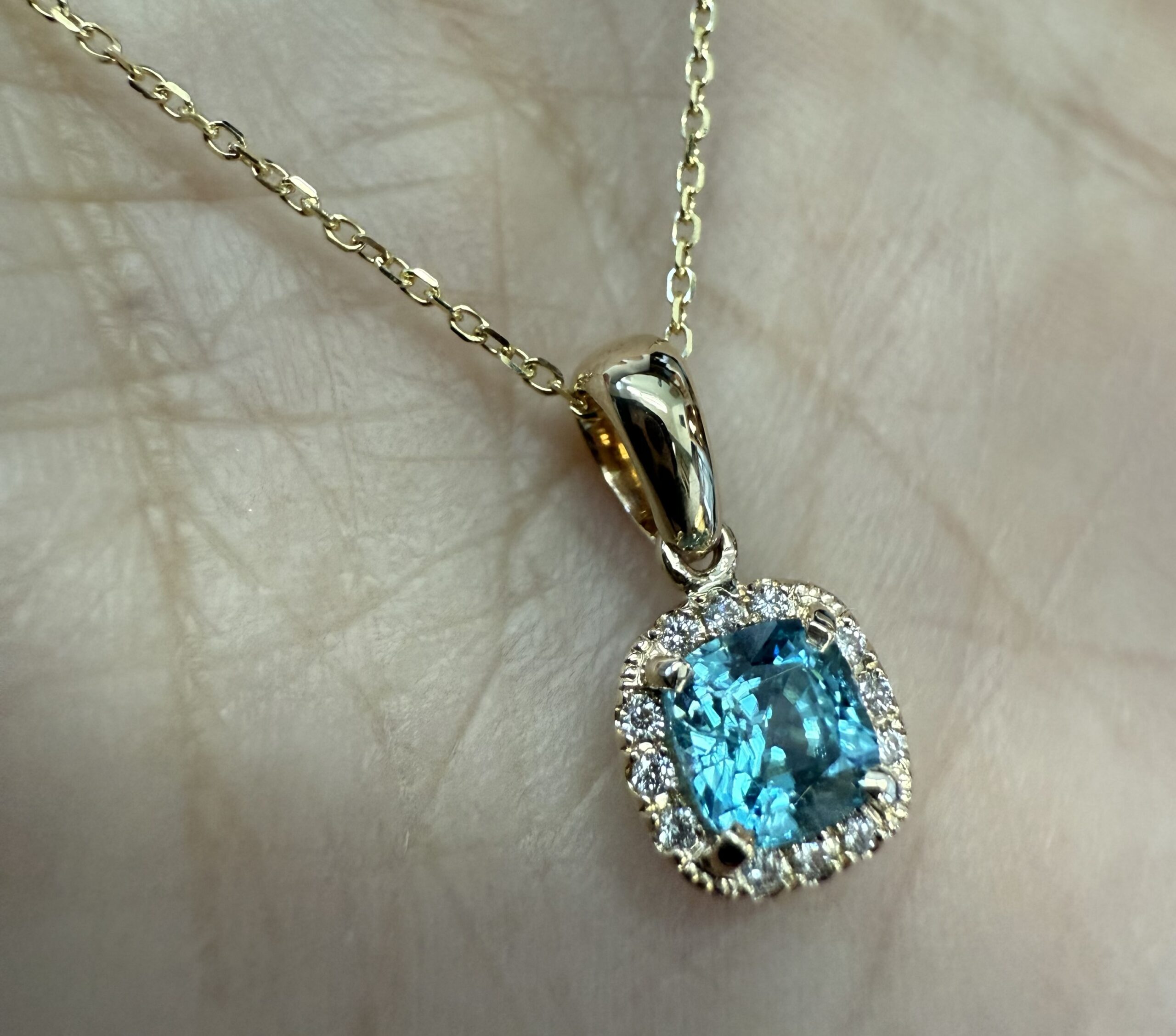 14k Yellow Gold Genuine .96 Cttw Blue Zircon & Genuine .07 Cttw Round Brilliant Cut Diamond Halo Pendant - Image 20