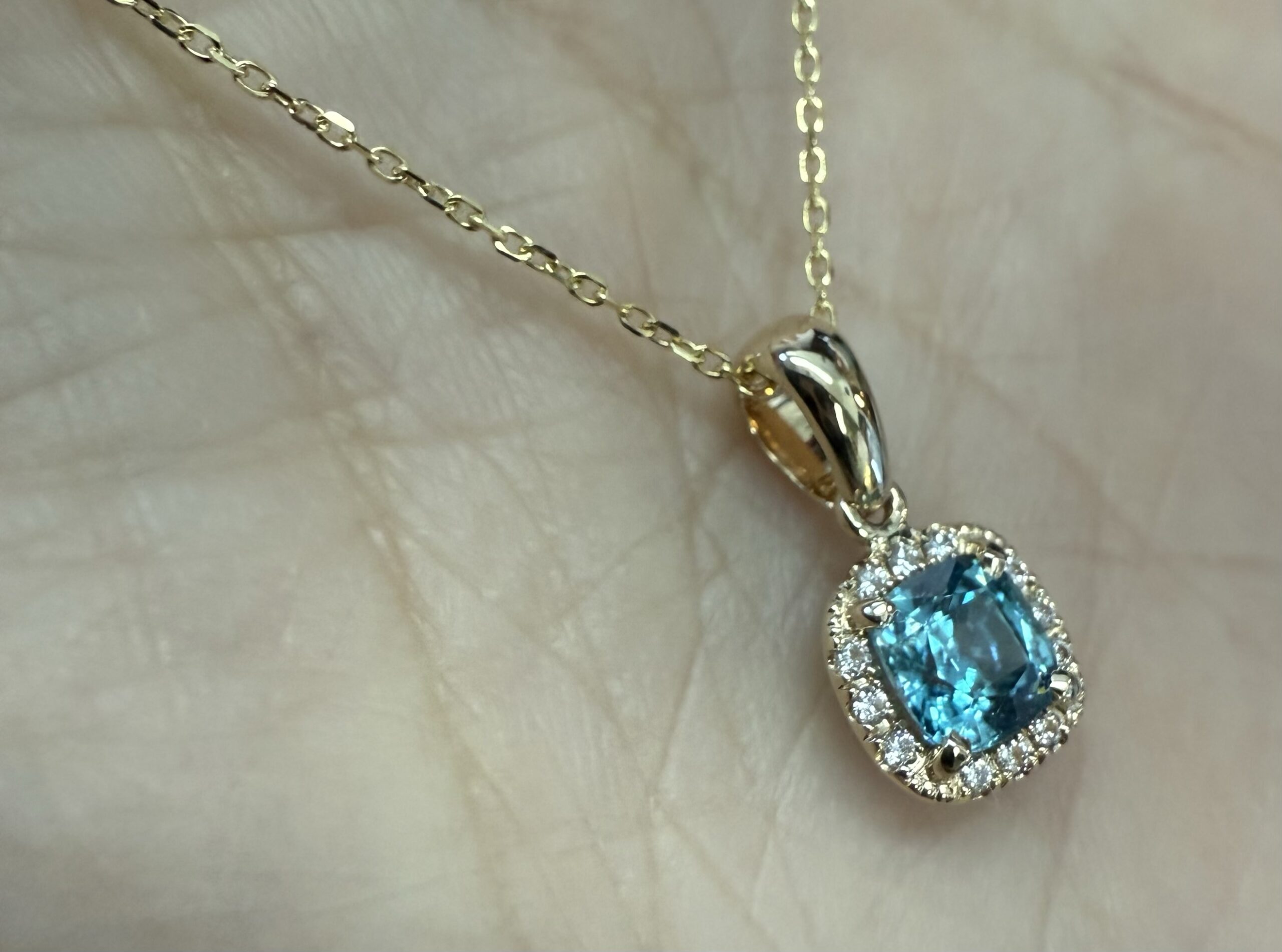 14k Yellow Gold Genuine .96 Cttw Blue Zircon & Genuine .07 Cttw Round Brilliant Cut Diamond Halo Pendant - Image 21