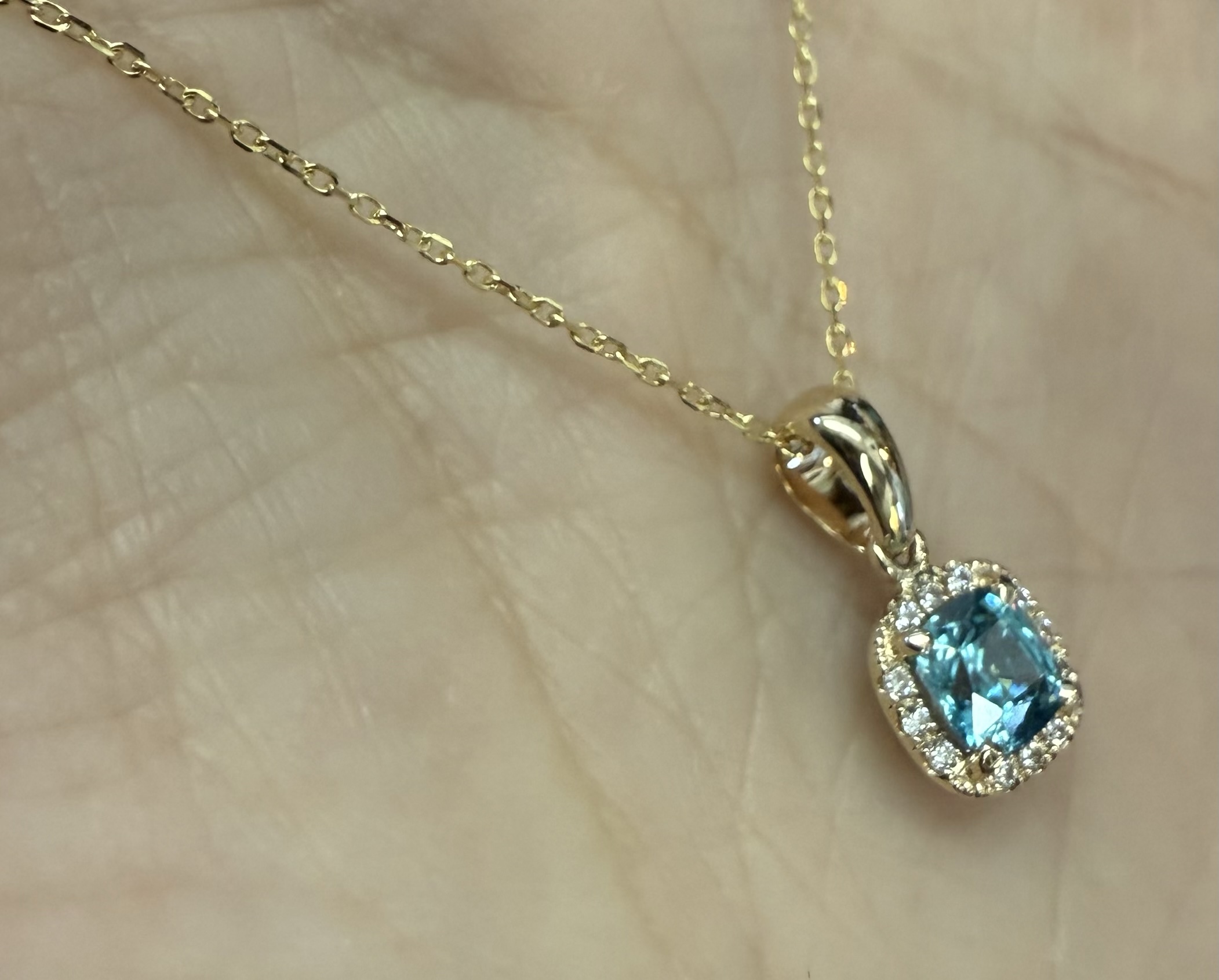 14k Yellow Gold Genuine .96 Cttw Blue Zircon & Genuine .07 Cttw Round Brilliant Cut Diamond Halo Pendant - Image 22