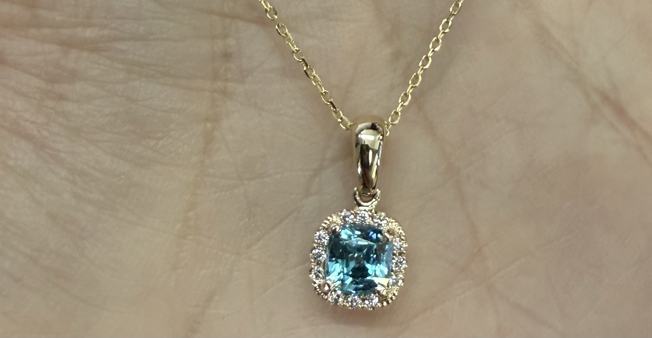 14k Yellow Gold Genuine .96 Cttw Blue Zircon & Genuine .07 Cttw Round Brilliant Cut Diamond Halo Pendant - Image 23