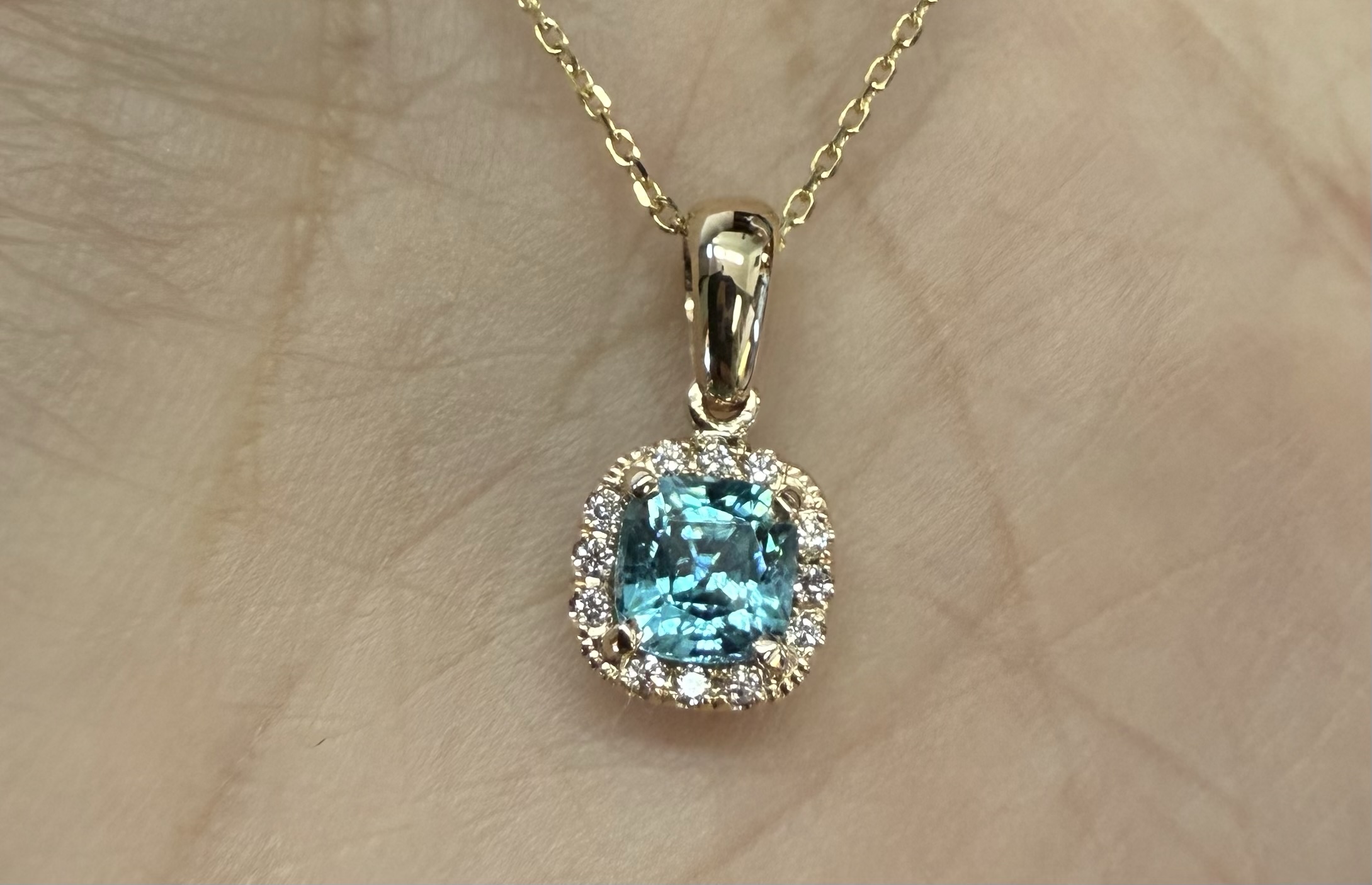 14k Yellow Gold Genuine .96 Cttw Blue Zircon & Genuine .07 Cttw Round Brilliant Cut Diamond Halo Pendant - Image 24