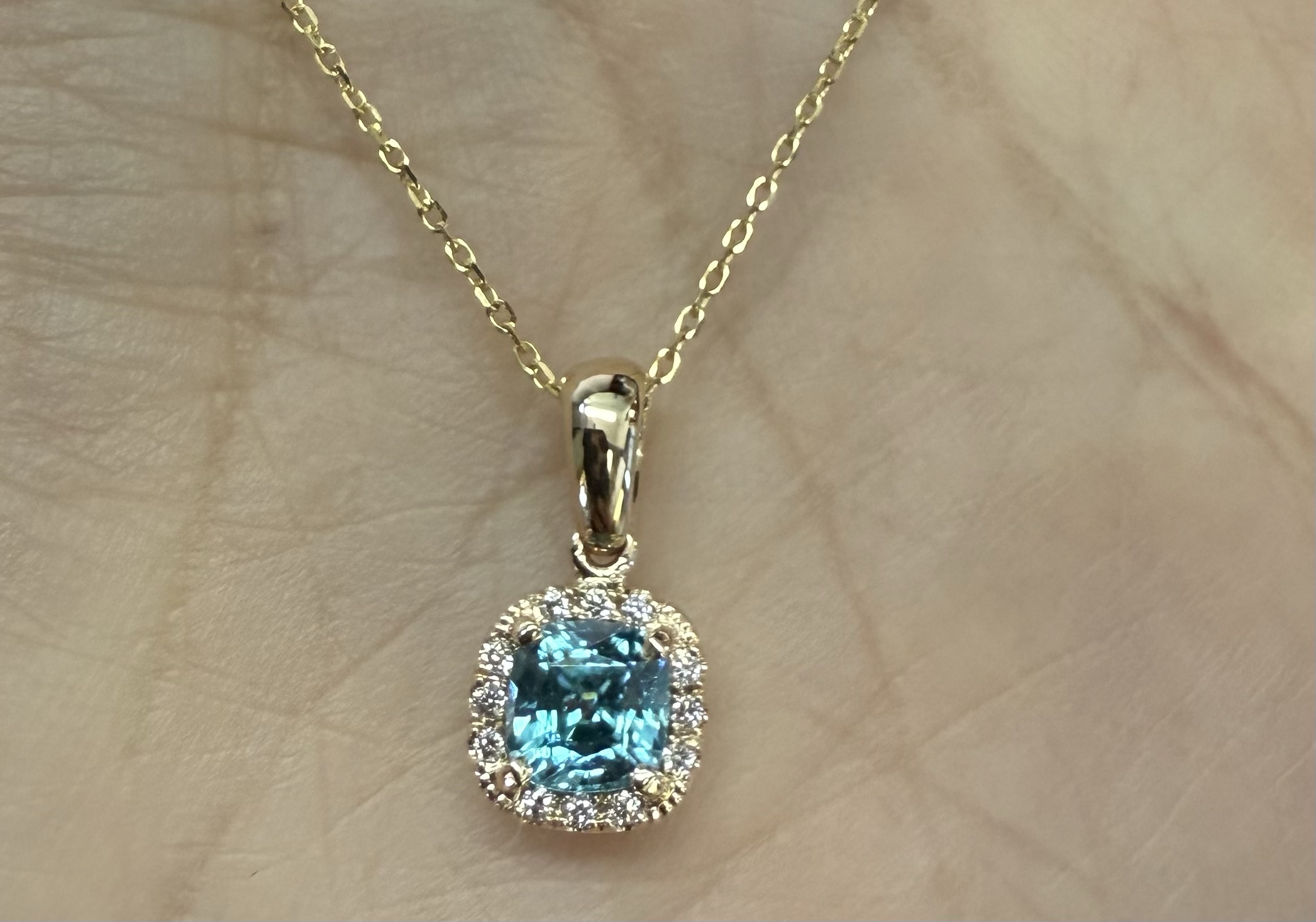 14k Yellow Gold Genuine .96 Cttw Blue Zircon & Genuine .07 Cttw Round Brilliant Cut Diamond Halo Pendant - Image 27