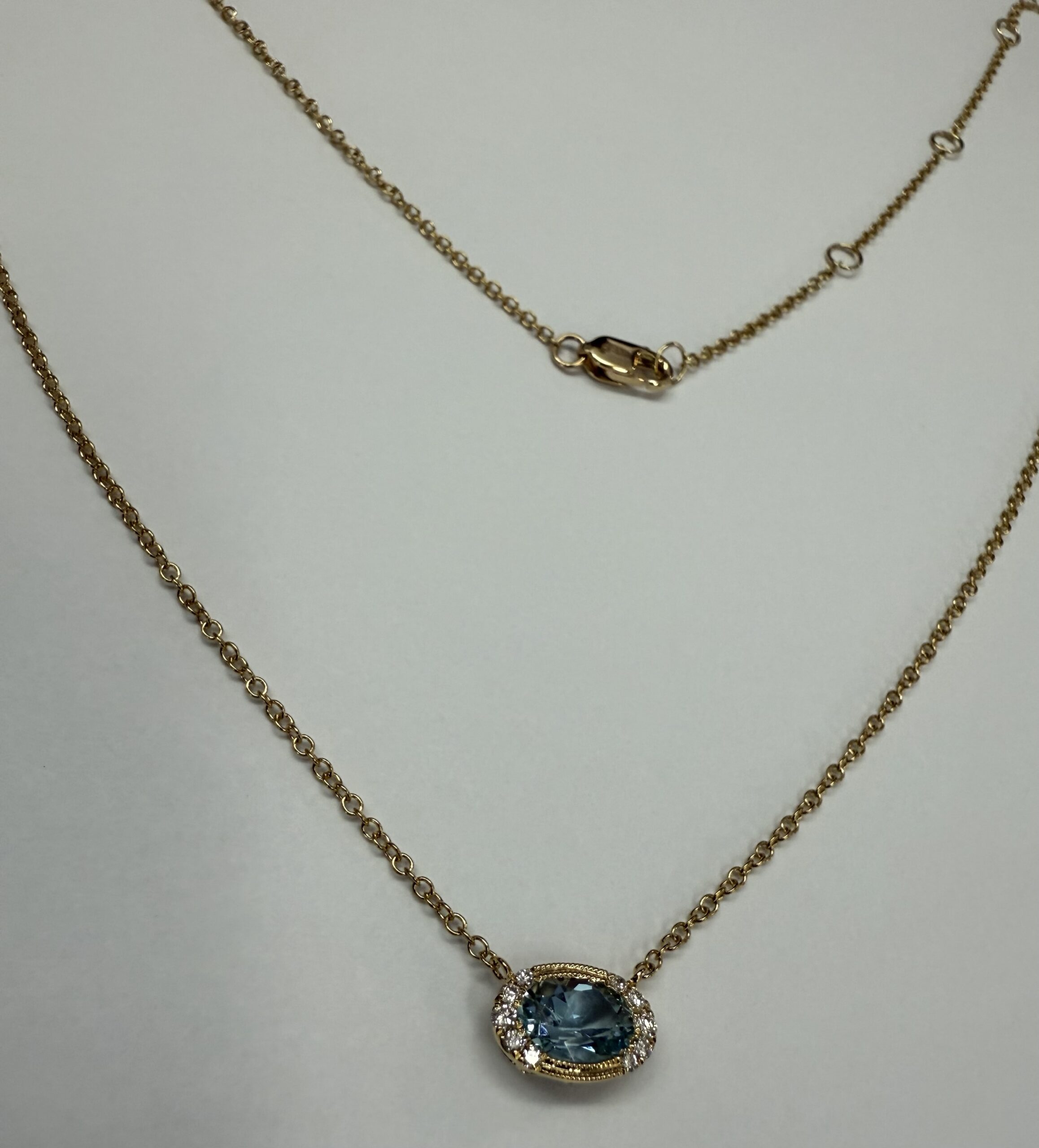 14k Yellow Gold Bezel Set Genuine .80 Cttw Aquamarine & Diamond Pendant - Image 6