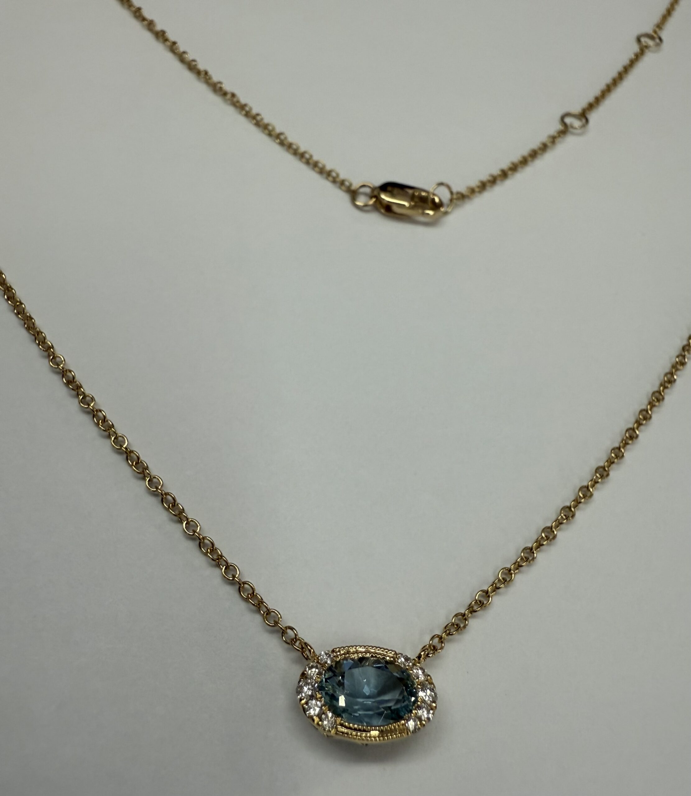 14k Yellow Gold Bezel Set Genuine .80 Cttw Aquamarine & Diamond Pendant - Image 7