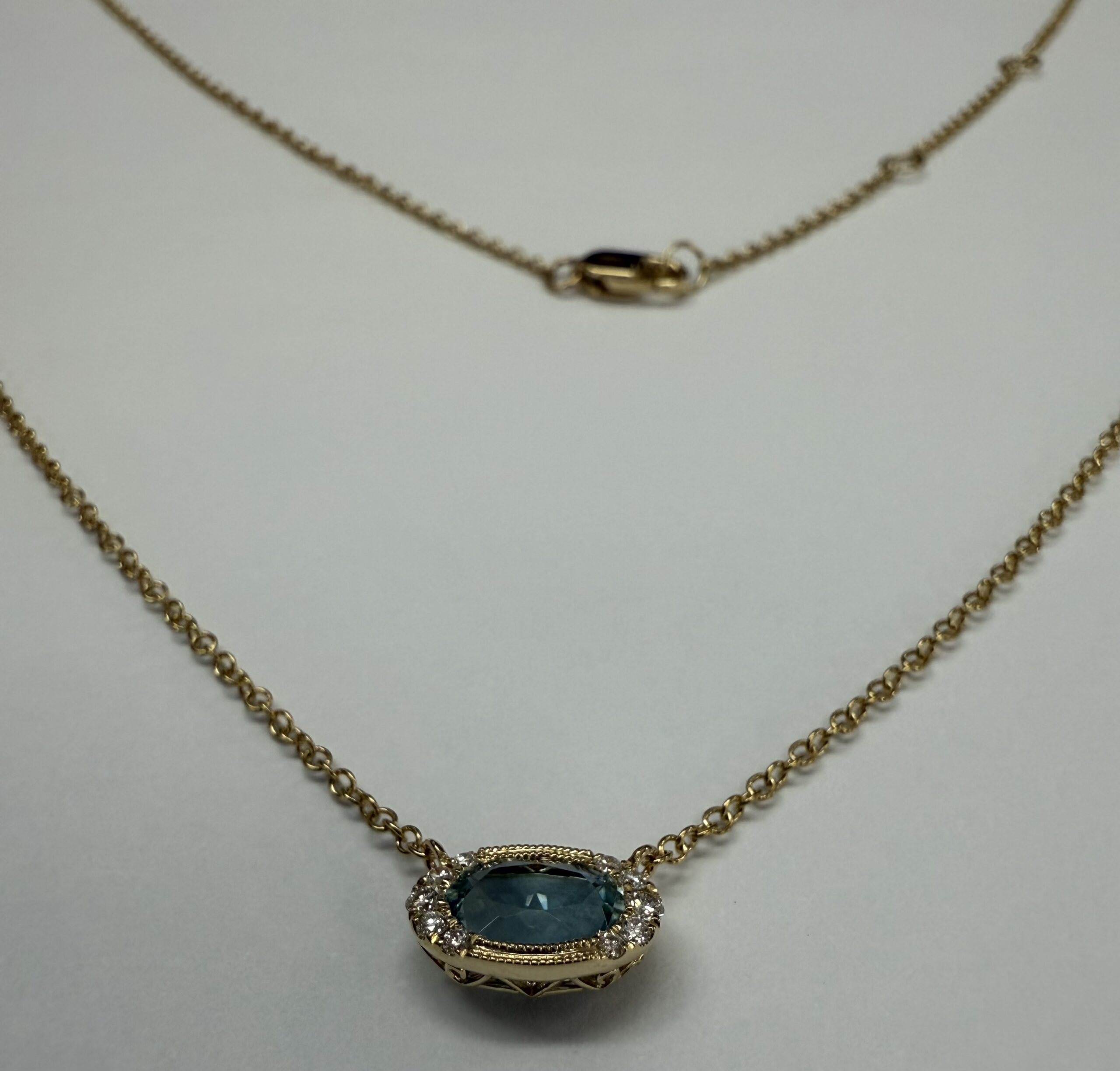 14k Yellow Gold Bezel Set Genuine .80 Cttw Aquamarine & Diamond Pendant - Image 11