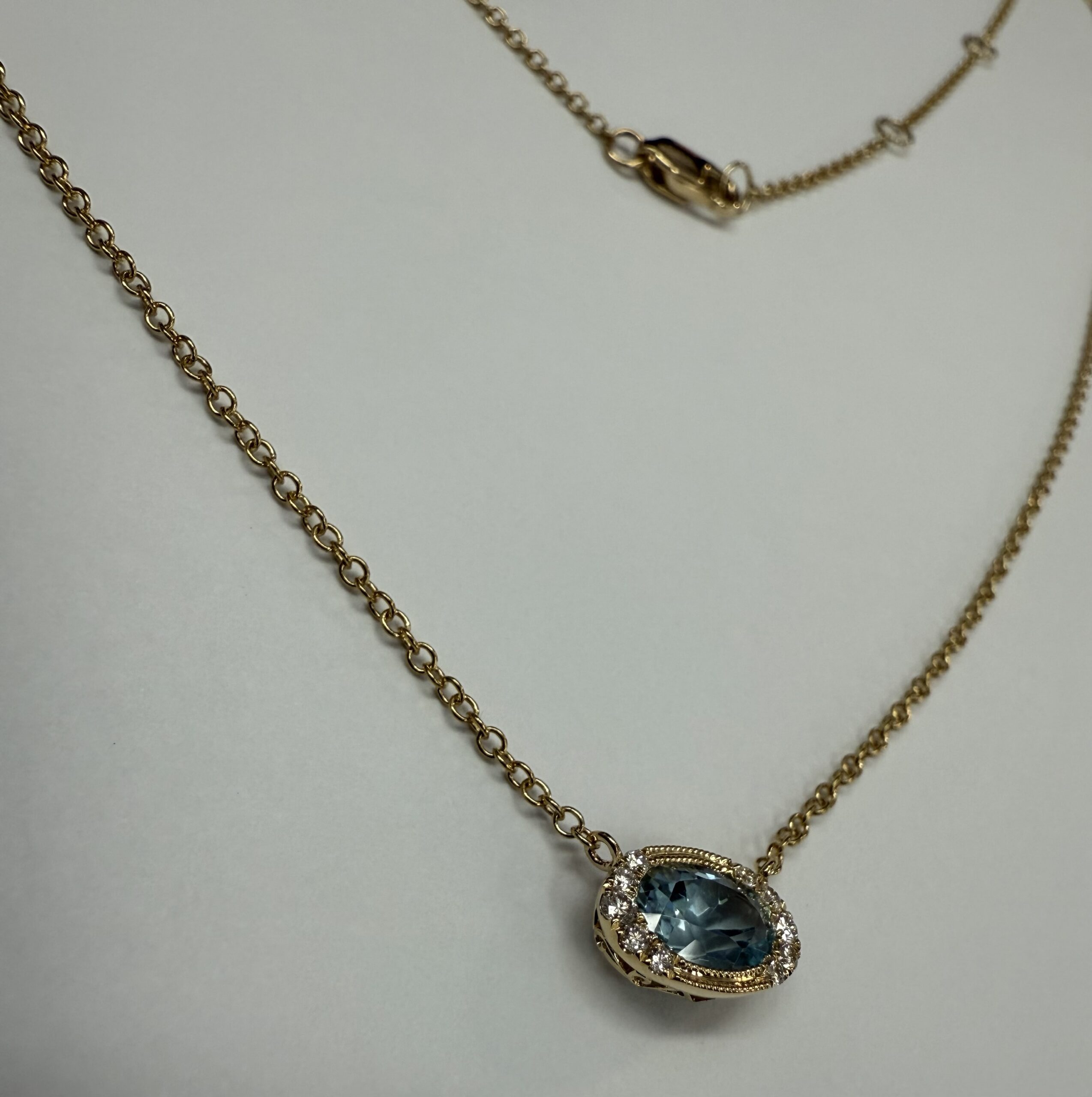 14k Yellow Gold Bezel Set Genuine .80 Cttw Aquamarine & Diamond Pendant - Image 12