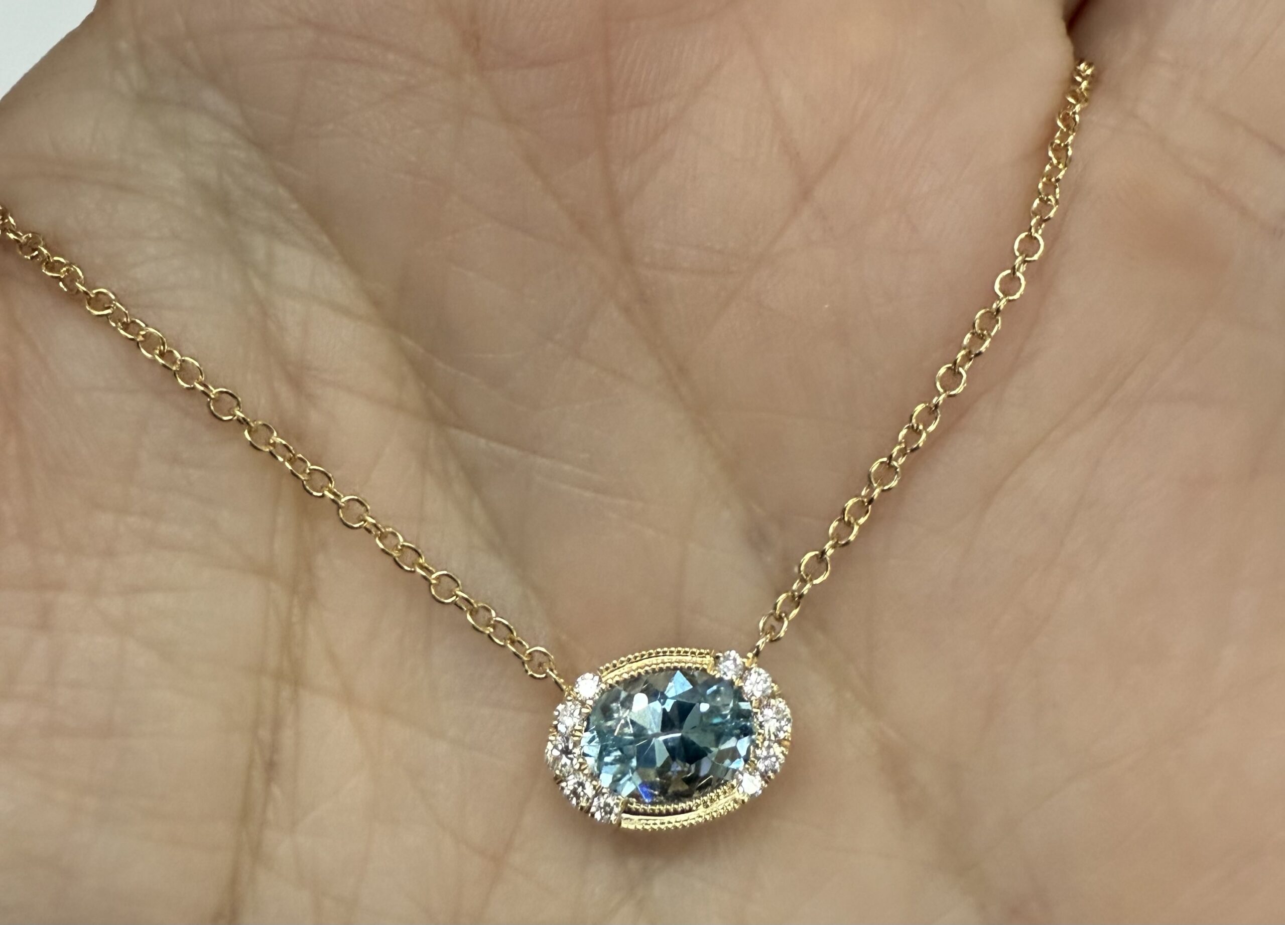 14k Yellow Gold Bezel Set Genuine .80 Cttw Aquamarine & Diamond Pendant - Image 17