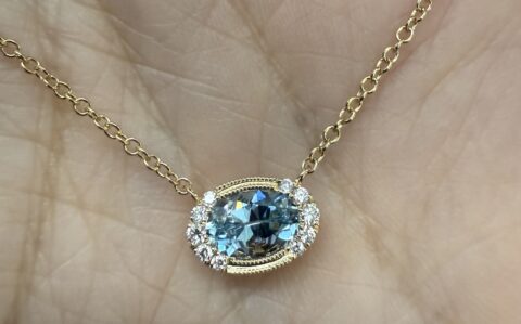 14k Yellow Gold Bezel Set Genuine .80 Cttw Aquamarine & Diamond Pendant