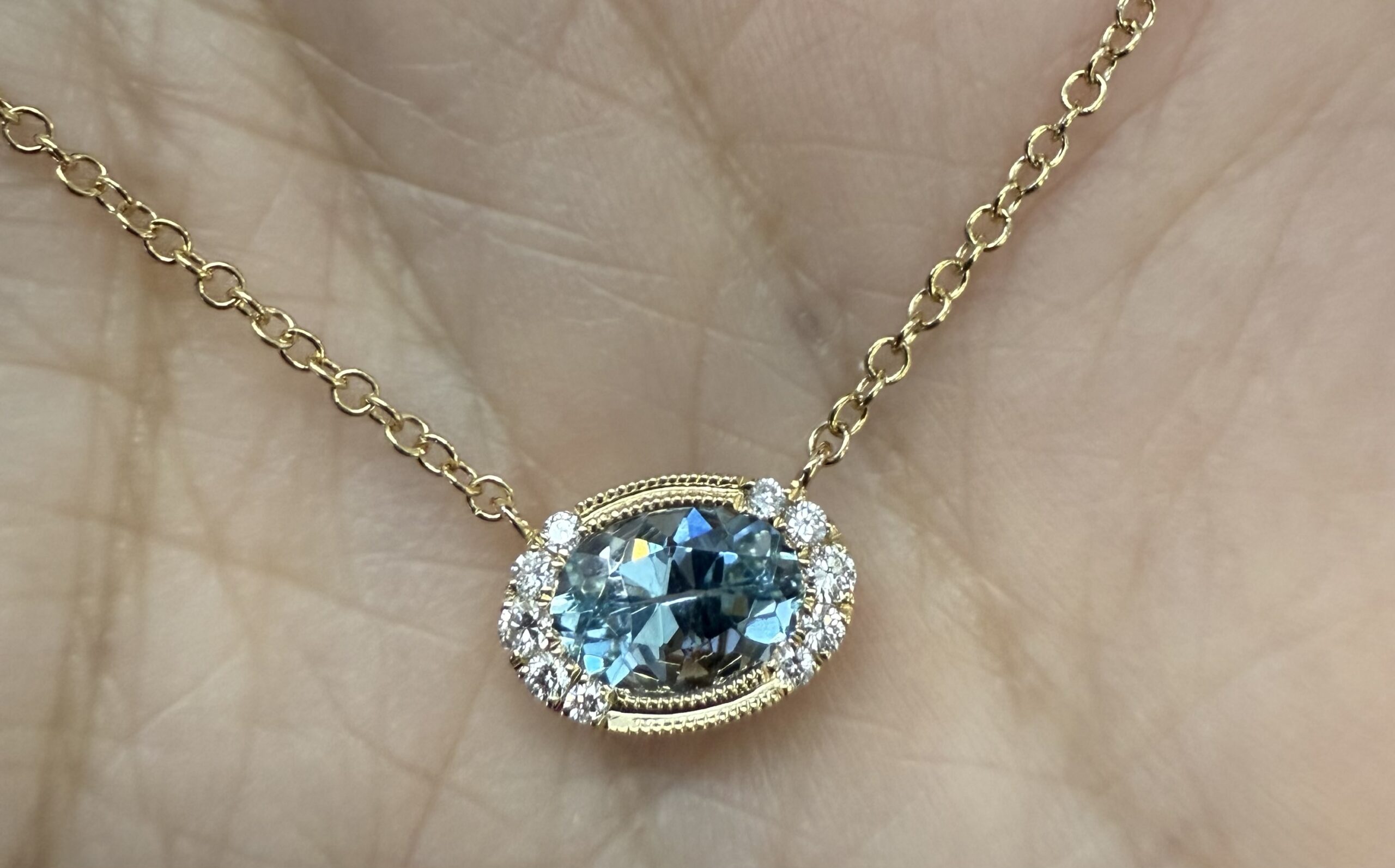 14k Yellow Gold Bezel Set Genuine .80 Cttw Aquamarine & Diamond Pendant