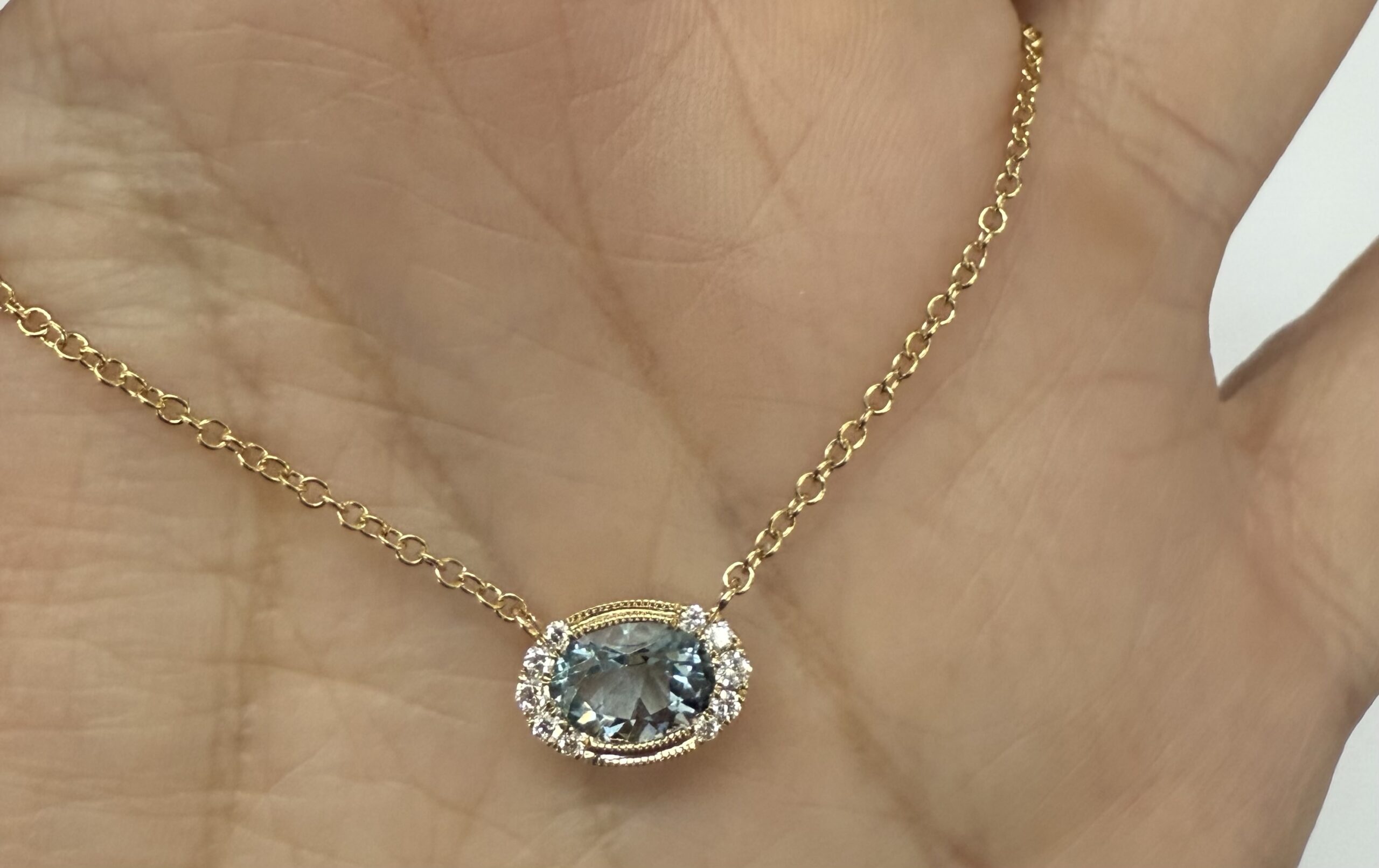 14k Yellow Gold Bezel Set Genuine .80 Cttw Aquamarine & Diamond Pendant - Image 18