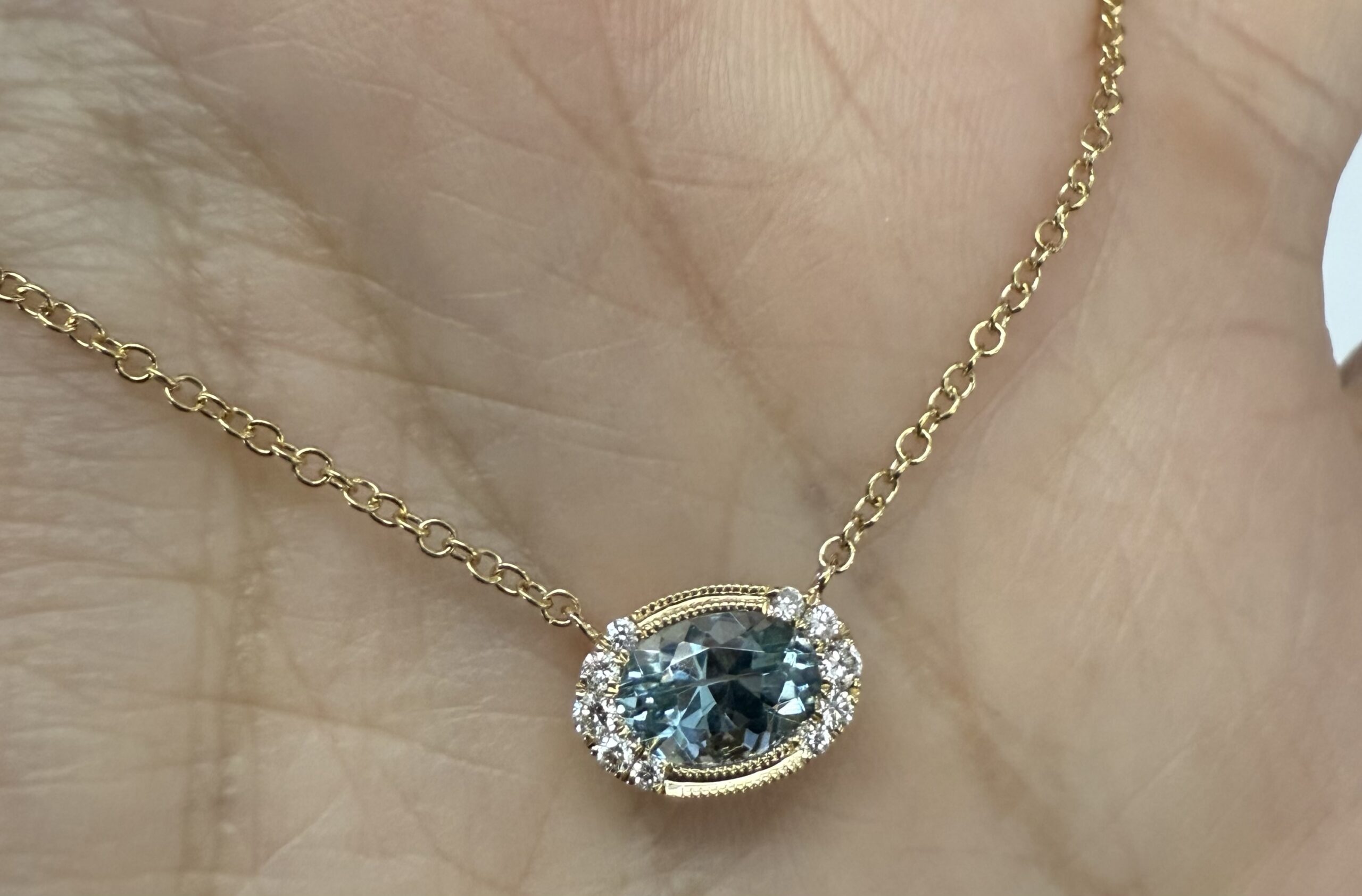 14k Yellow Gold Bezel Set Genuine .80 Cttw Aquamarine & Diamond Pendant - Image 19