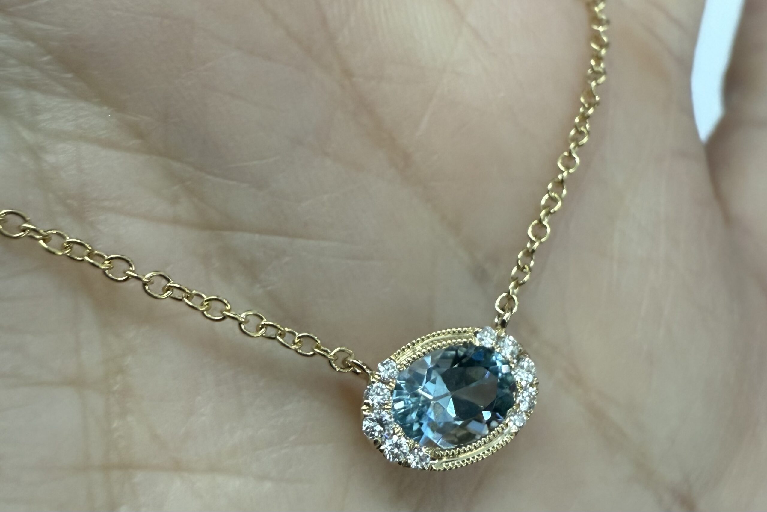 14k Yellow Gold Bezel Set Genuine .80 Cttw Aquamarine & Diamond Pendant - Image 21