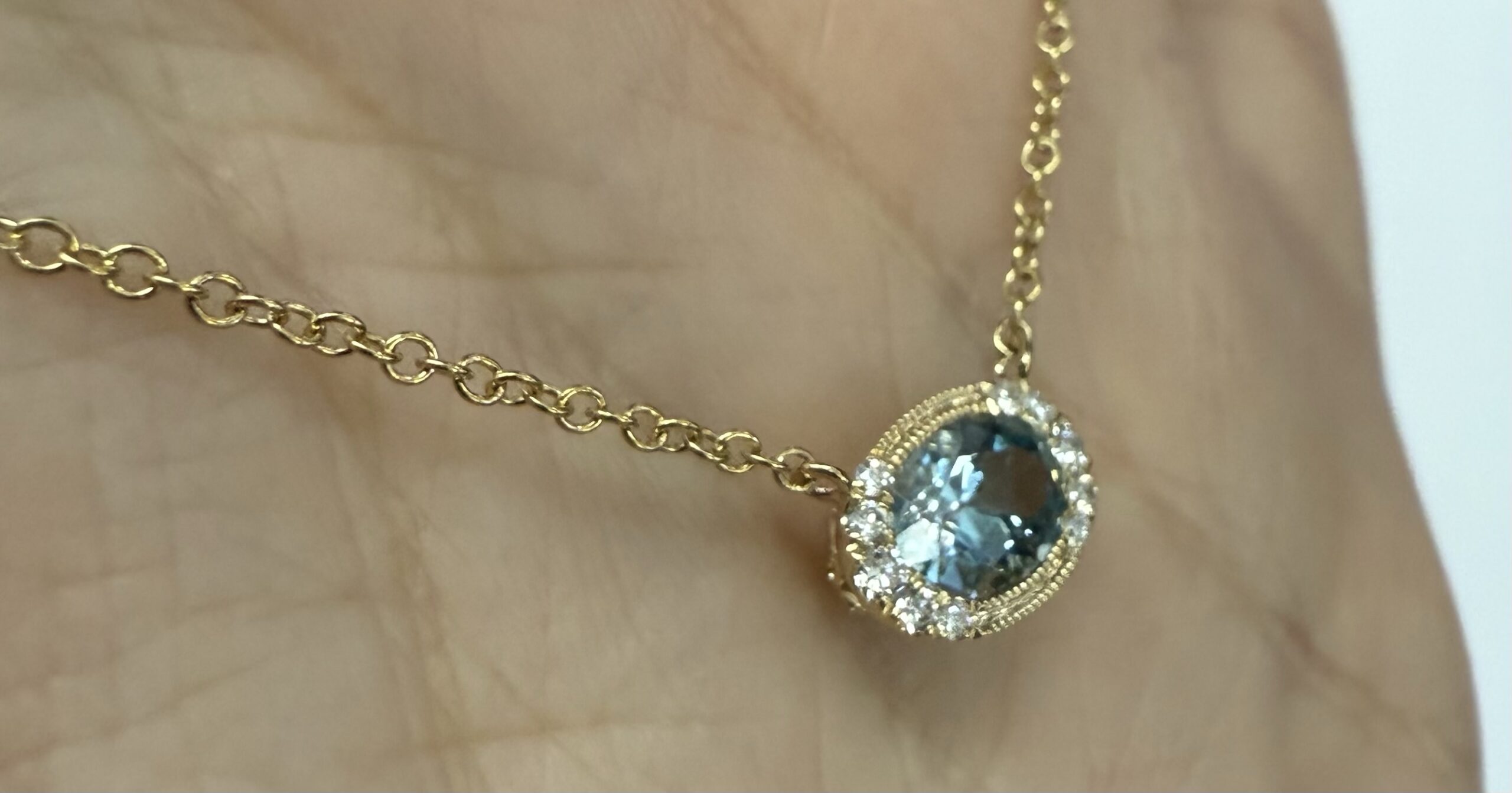 14k Yellow Gold Bezel Set Genuine .80 Cttw Aquamarine & Diamond Pendant - Image 2