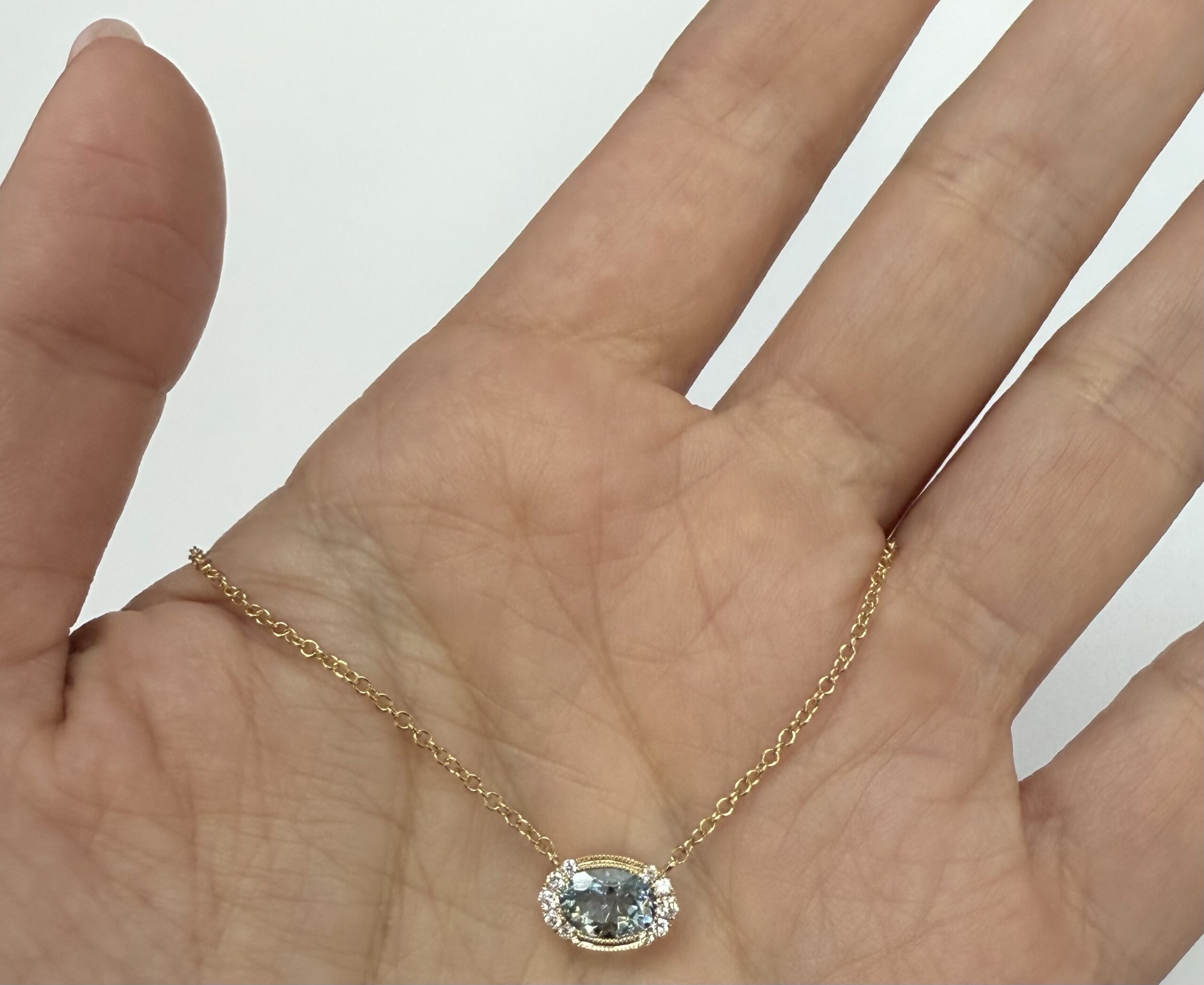 14k Yellow Gold Bezel Set Genuine .80 Cttw Aquamarine & Diamond Pendant - Image 24