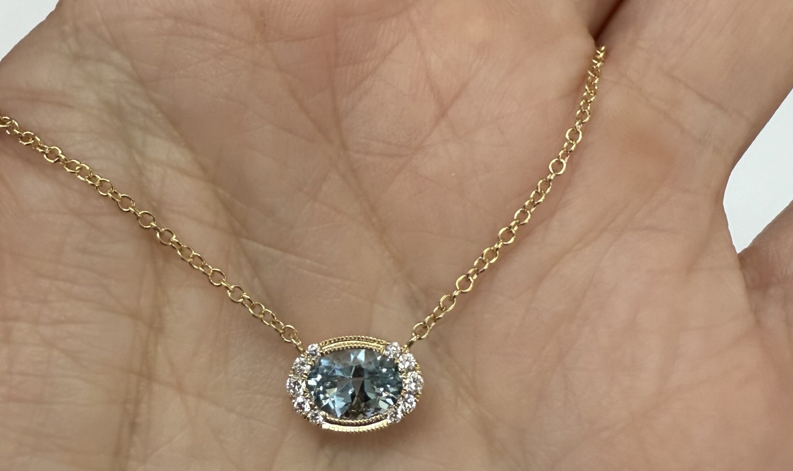 14k Yellow Gold Bezel Set Genuine .80 Cttw Aquamarine & Diamond Pendant - Image 25