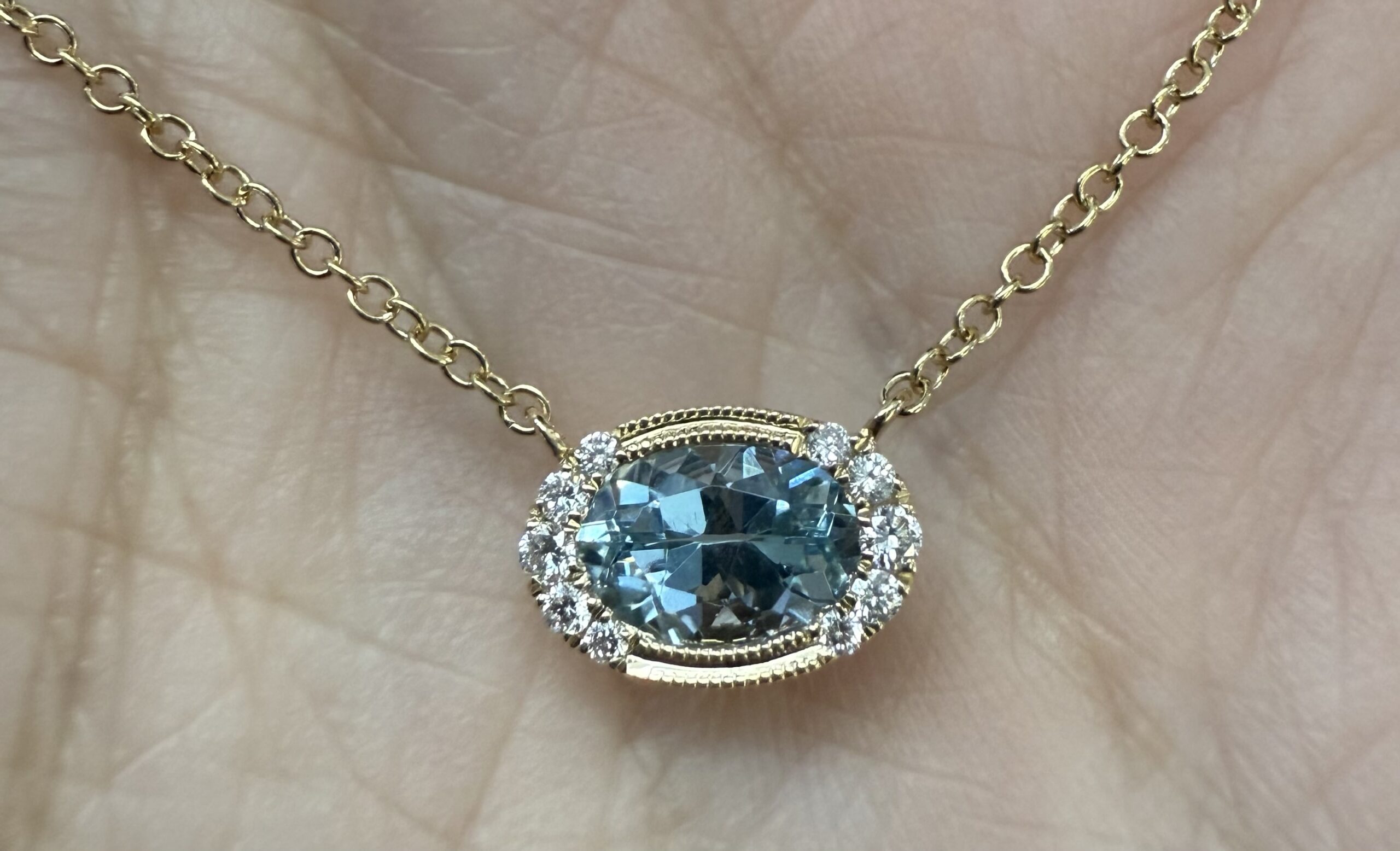 14k Yellow Gold Bezel Set Genuine .80 Cttw Aquamarine & Diamond Pendant - Image 26