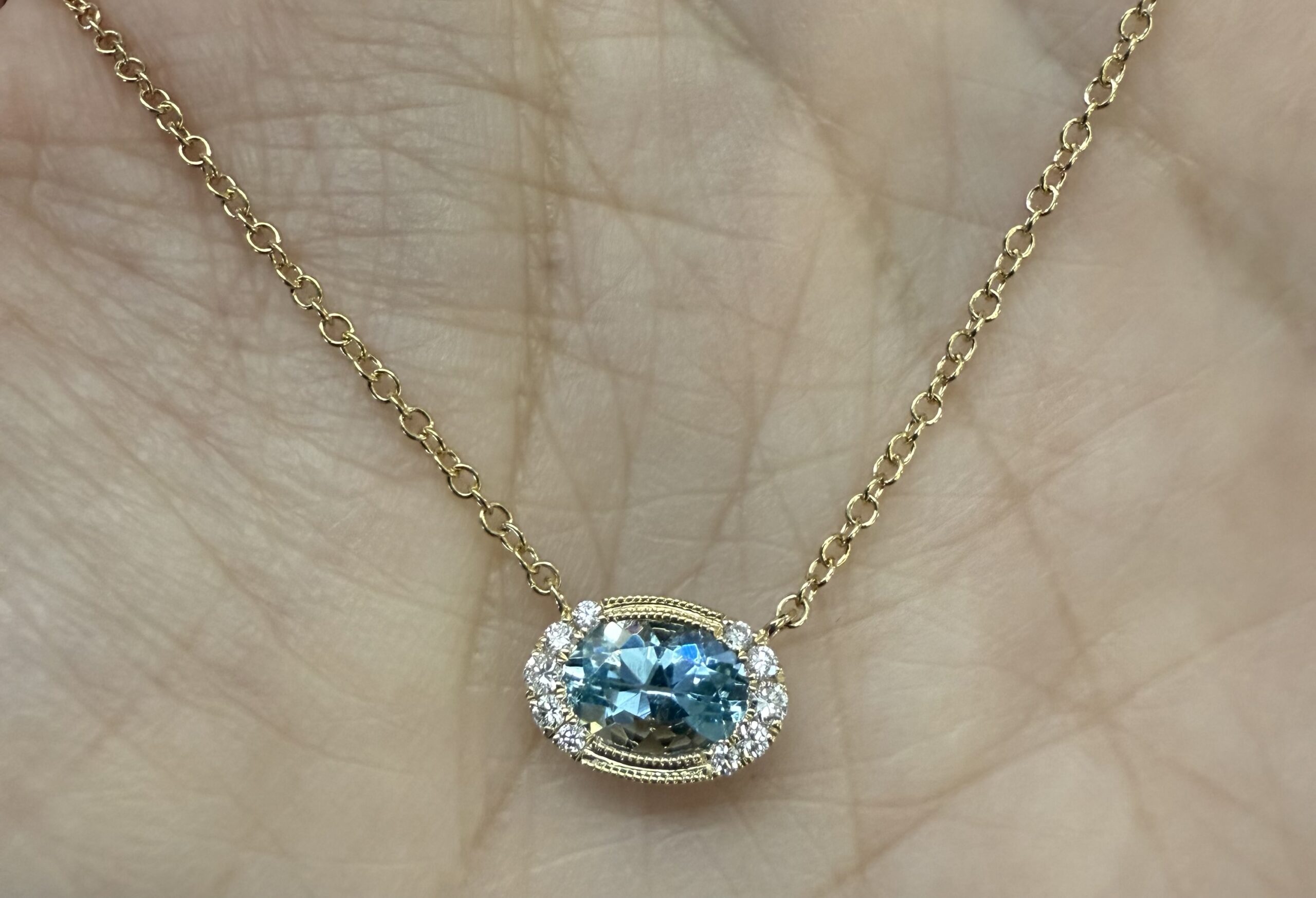 14k Yellow Gold Bezel Set Genuine .80 Cttw Aquamarine & Diamond Pendant - Image 30