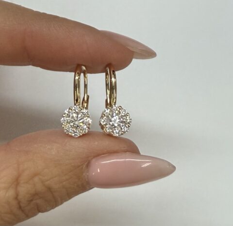 14k Yellow Gold Genuine .72 Cttw Round Brilliant Cut Diamond Lever Back Cluster Dangle Earrings