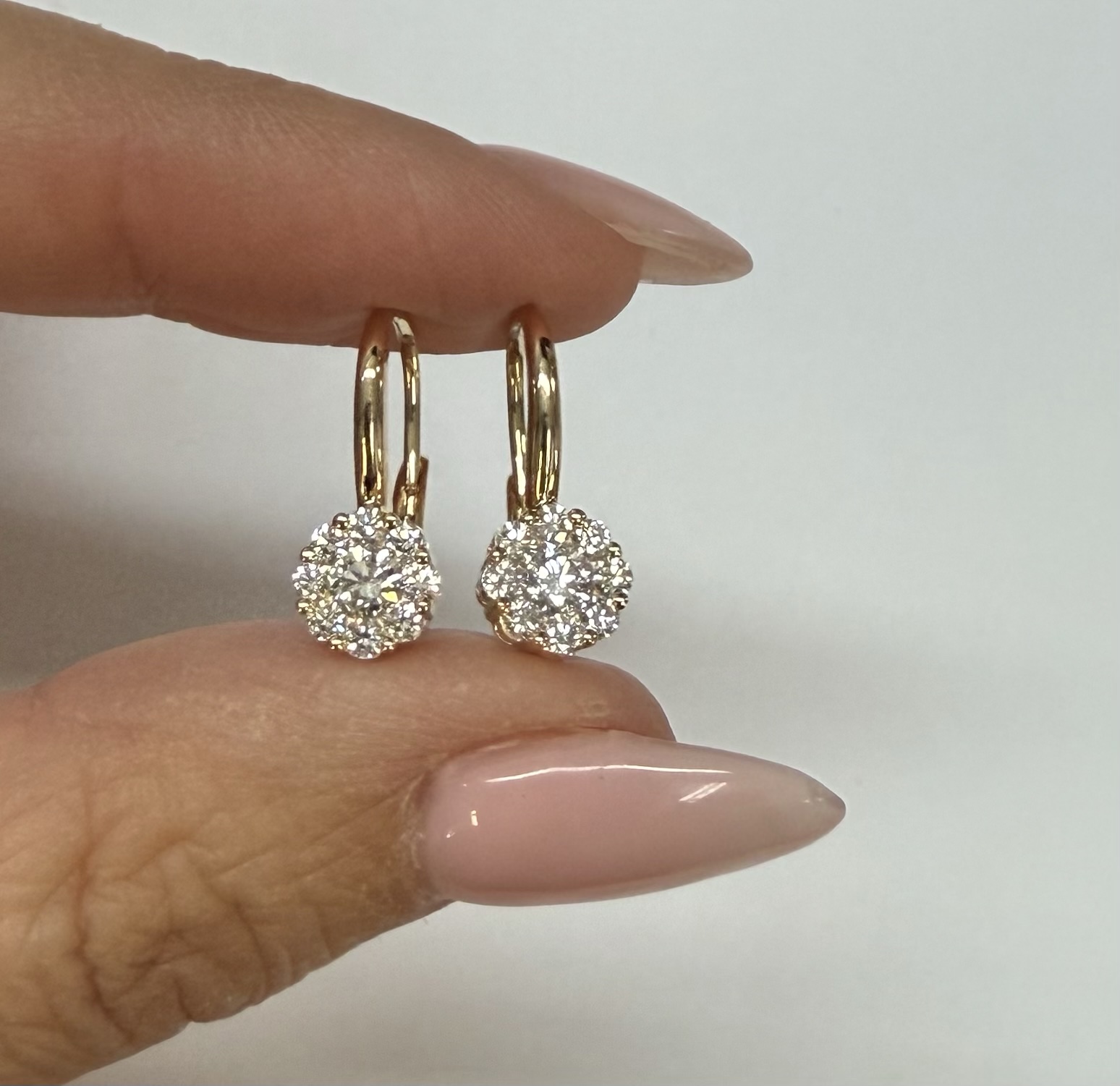 14k Yellow Gold Genuine .72 Cttw Round Brilliant Cut Diamond Lever Back Cluster Dangle Earrings