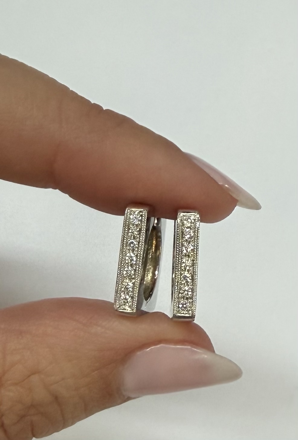 18k White Gold Genuine .20 Cttw Pave' Set Diamond Hoop Earrings - Image 5